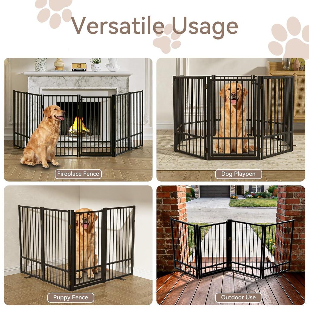 SNUOWU Full Metal Freestanding Dog Gate with Door, 24'' Height Foldable Pet Dog Fence for Indoor & Outdoor, 2 Panels Extra Wide Free Standing SmallDog Gates for Doorways,House,Stairs,Porch,Deck,Yard