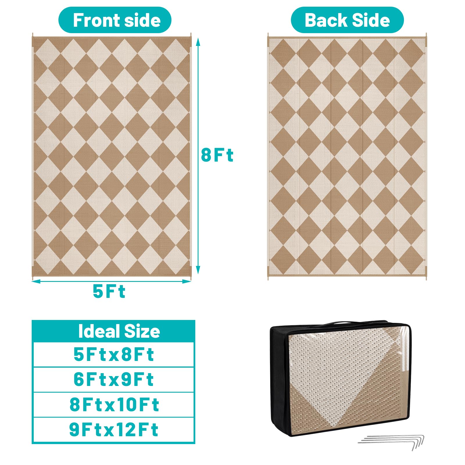 HEBE Checkered Outdoor Rug Waterproof 5x8, Reversible Plastic Straw Rug RV Camping Rug, Indoor Outdoor Patio Mat Clearance, Outside Carpet for Porch,Deck,Camper,Balcony,Backyard,Picnic