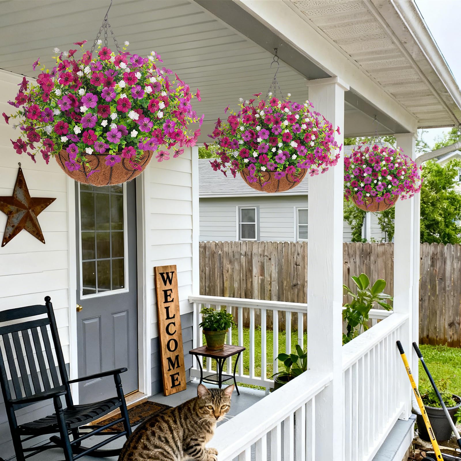 Ammyoo Artificial Faux Hanging Plants Flowers Basket for Spring Outdoor Decoration, Fake Silk Daisy UV Resistant Look Real with Eucalyptus Leaves Summer Outside Decor for Home Patio Garden