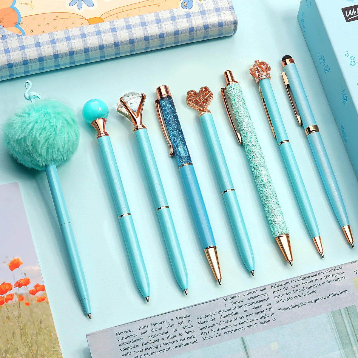 WEMATE 8Pcs Ballpoint Pens Set Metal Crystal Diamond Pen Glitter for Journaling Black Pen Bling in Black & Blue Ink Pretty Cute Pens Fancy Pens Gifts for Women Wedding School Office Desk(Black)