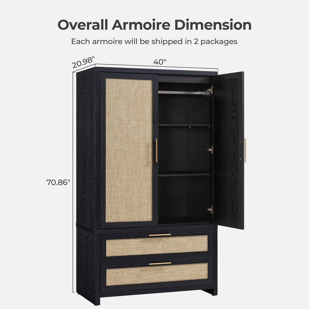 SICOTAS Rattan Armoire Wardrobe Closet Cabinet, 71" Wardrobe Storage Cabinet with Doors, 2 Drawers and Hanging Rod, Boho Large-Capacity Deep Armoire Clothes Organizer for Bedroom, Black Oak