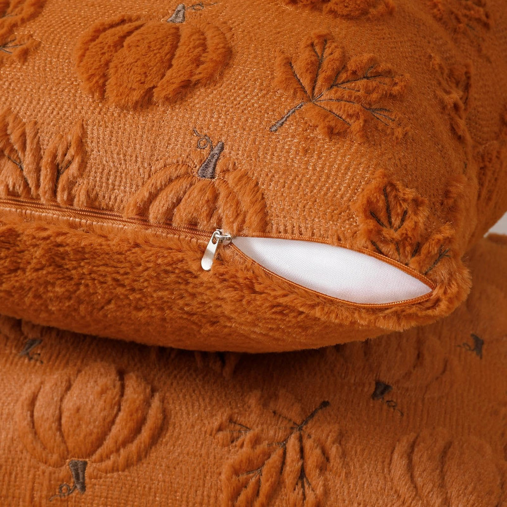 Fall Beige Pillow Covers 18x18 Set of 2 Double-Sided Pumpkin Plush | Boho farmhouse comfort with raised Autumn pumpkin embroidery, designed for living rooms, sofas, and cozy fall home decor.