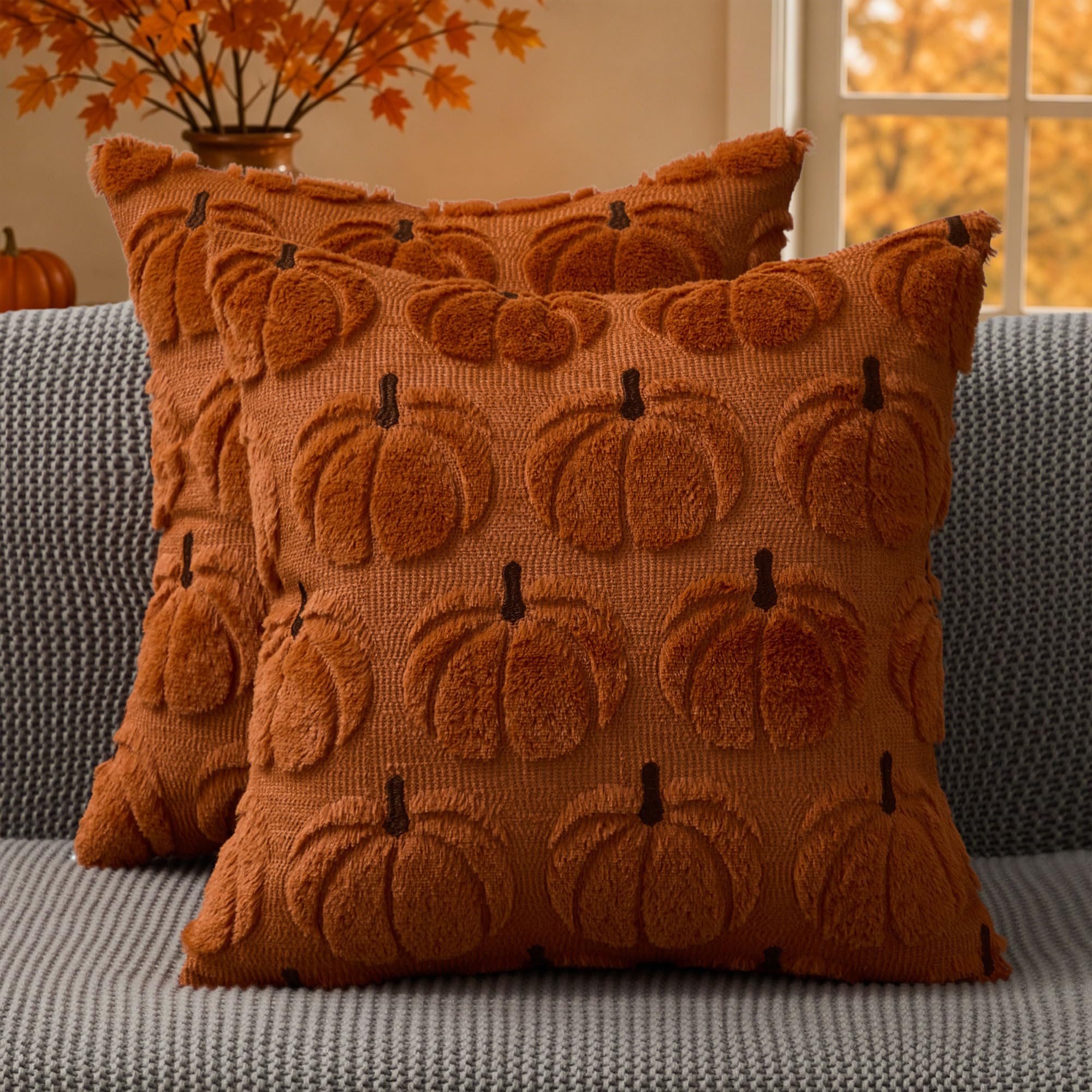DFXSZ Fall Pillow Covers 16x16 Set of 2 Fall Decorations Autumn Beige Pumpkin Throw Pillow Cases Soft Plush Faux Fur Wool Couch Cushion Case for Chair Sofa Bedroom Living Room Home Decor PTK02B16