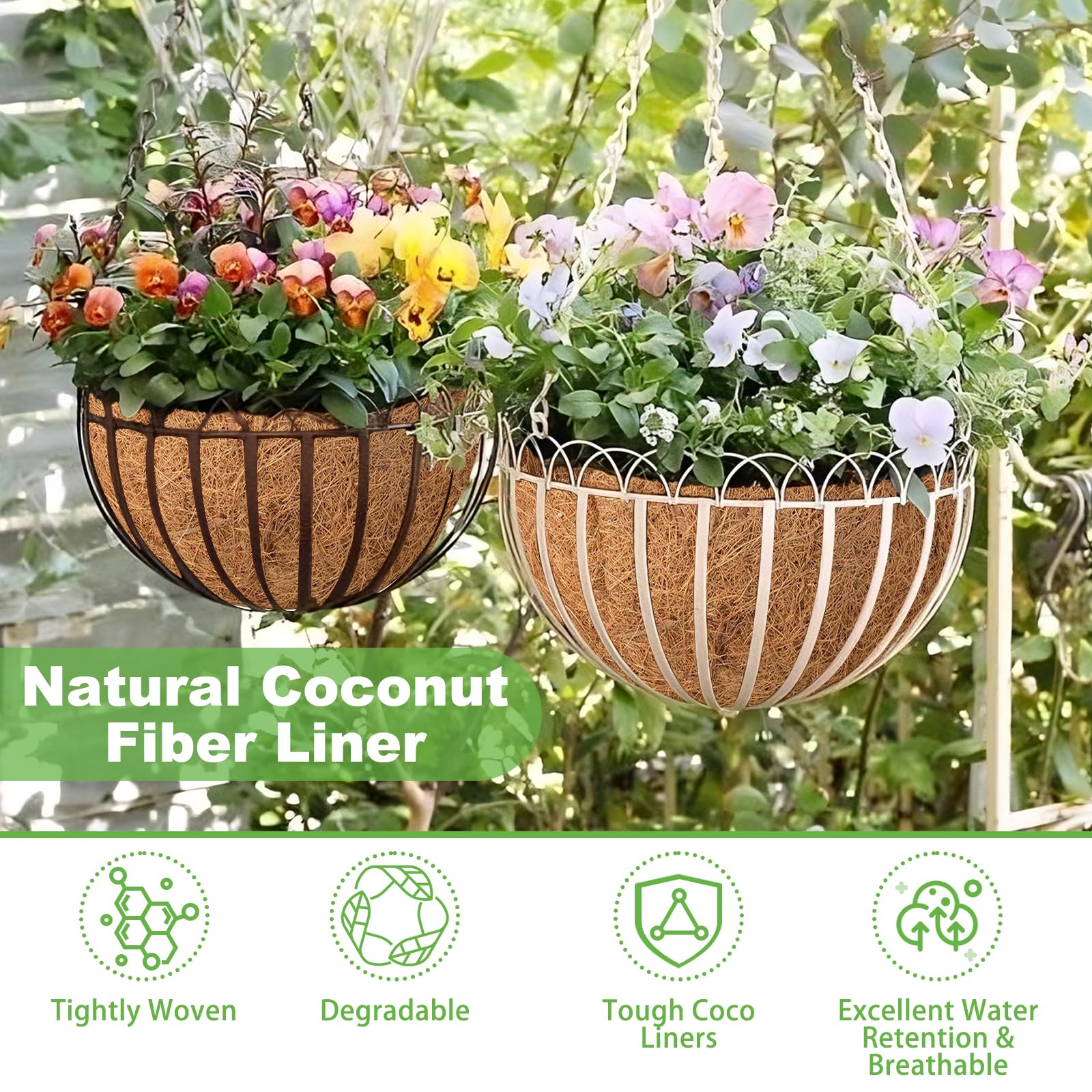 Riare 2 Pack 12 Inch Round Coco Liners Replacement, 100% Natural Coconut Coir Liners for Hanging Baskets, Garden Flower Vegetables Planter Pot, Window Box, Fence, Decks