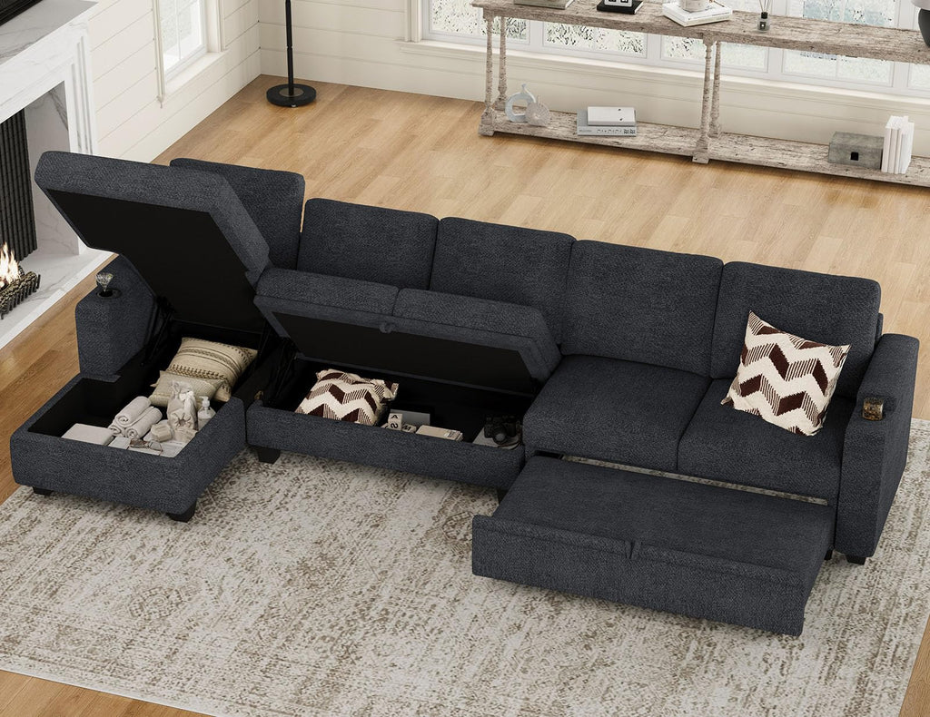 Belffin Modular Sectional Sleeper Sofa Bed with Storage Chaise L Shaped Sectional Couches for Living Room Armrest with Cup Holder. White Couch