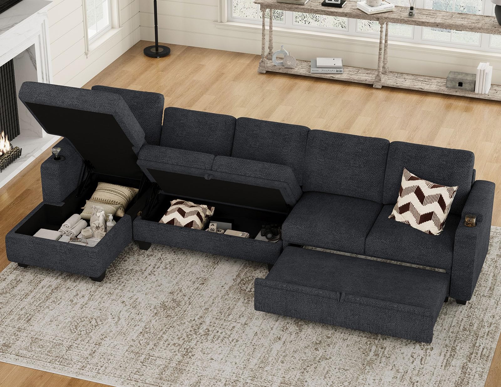 Belffin Modular Sectional Sleeper Sofa Bed with Storage Chaise L Shaped Sectional Couches for Living Room Armrest with Cup Holder. White Couch