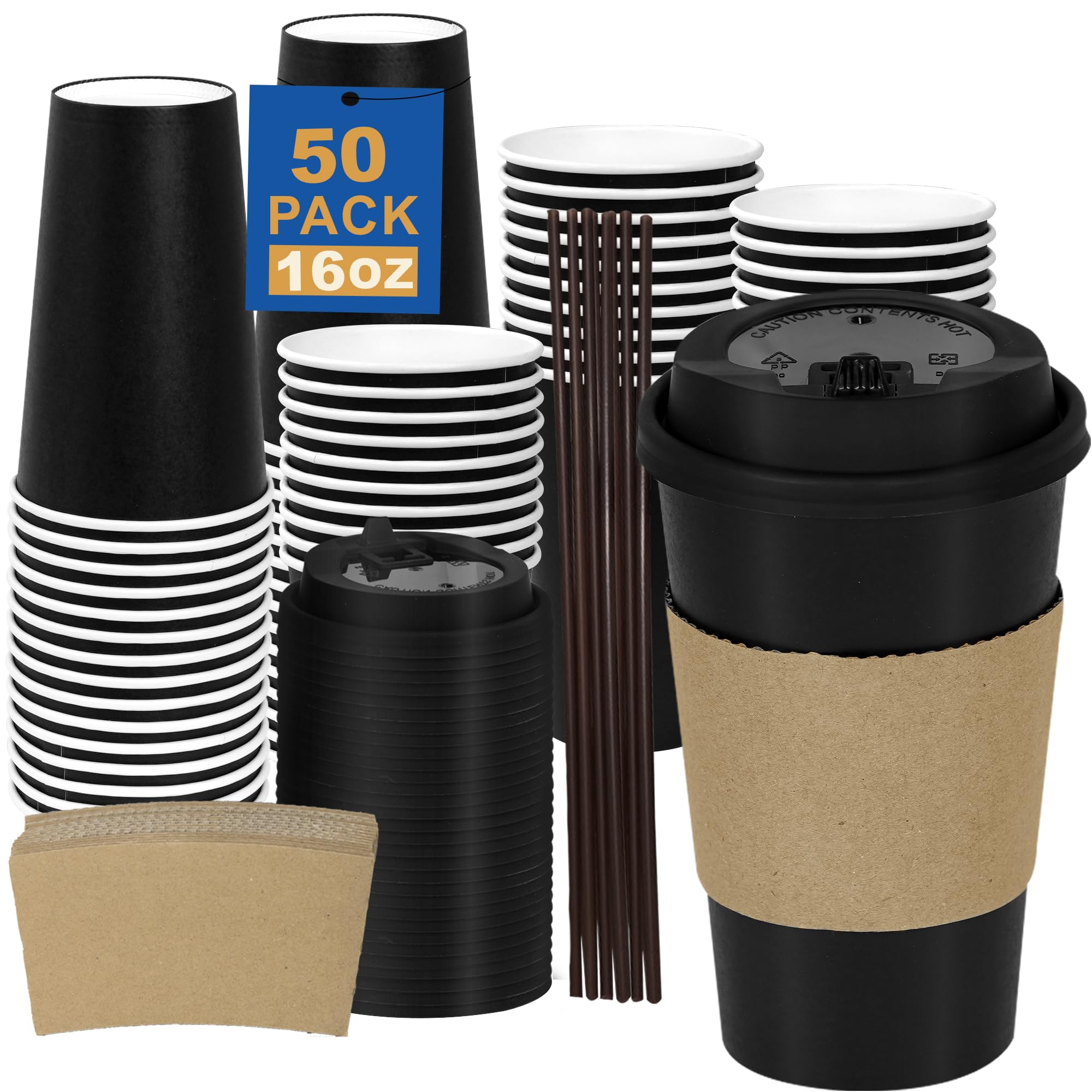 16 oz 100 Pack Corrugated Ripple Wall Disposable Coffee Cups with Lids and Straws, Heavy Duty Insulated Cups for Hot Beverage or Cold Drinks, Bulk for Restaurants, Offices, Coffee Shops(Black)
