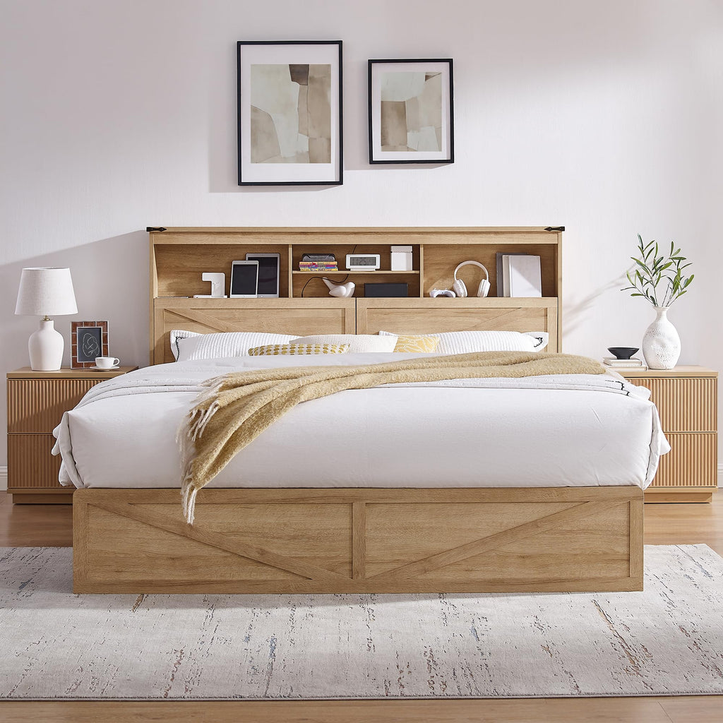ACCOHOHO Farmhouse Queen Size Bed Frame with 52" Storage Bookcase Headboard and 4 Drawers,Wood Bed Frame with LED Light and Charging Station,Natural Oak