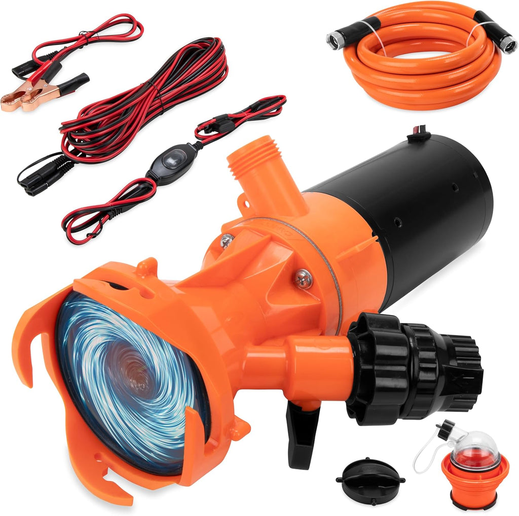 Camco Rhino Camper/RV Sewage Macerator Pump Kit - Features Run Dry Protection and High Temp Protection - Compatible w/4”, 3.5” & 3” Sewer Outlets - Designed w/Self-Priming 12 Volt DC Motor (39040)