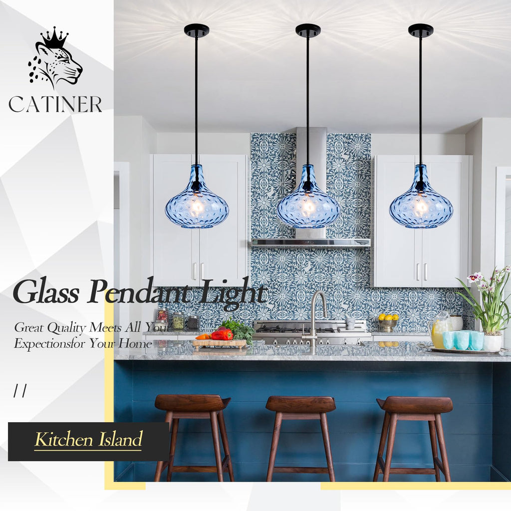 Glass Large Pendant Lights for Kitchen Island Blown Glass Pendant Light Clear Hammered Shade Hanging Ceiling Lights with Black Finish for for Kitchen Island, Sink, Hallway, Living Room 11 inch