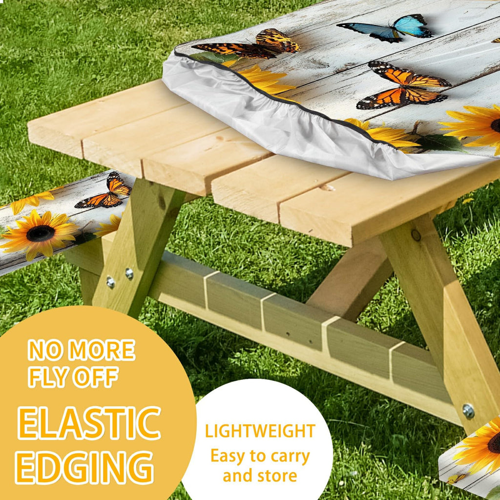 Park Picnic Table Cover with Bench Covers Lightweight Camping Essentials, Oil-Proof Waterproof 3PCS Tablecloth with Elastic, Fitted for Table 6FT Rectangle and Seats, American Flag Eagle (72x30in)