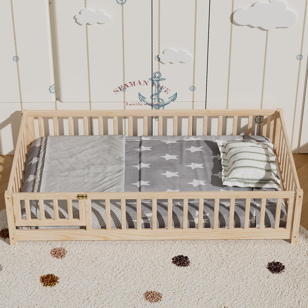 i-POOK Queen Floor Bed for Children, Sturdy Wood Montessori Bed Frame with Wood Slats, High Fence & Small Door for Girls and Boys, Espresso (with Bed Slats)