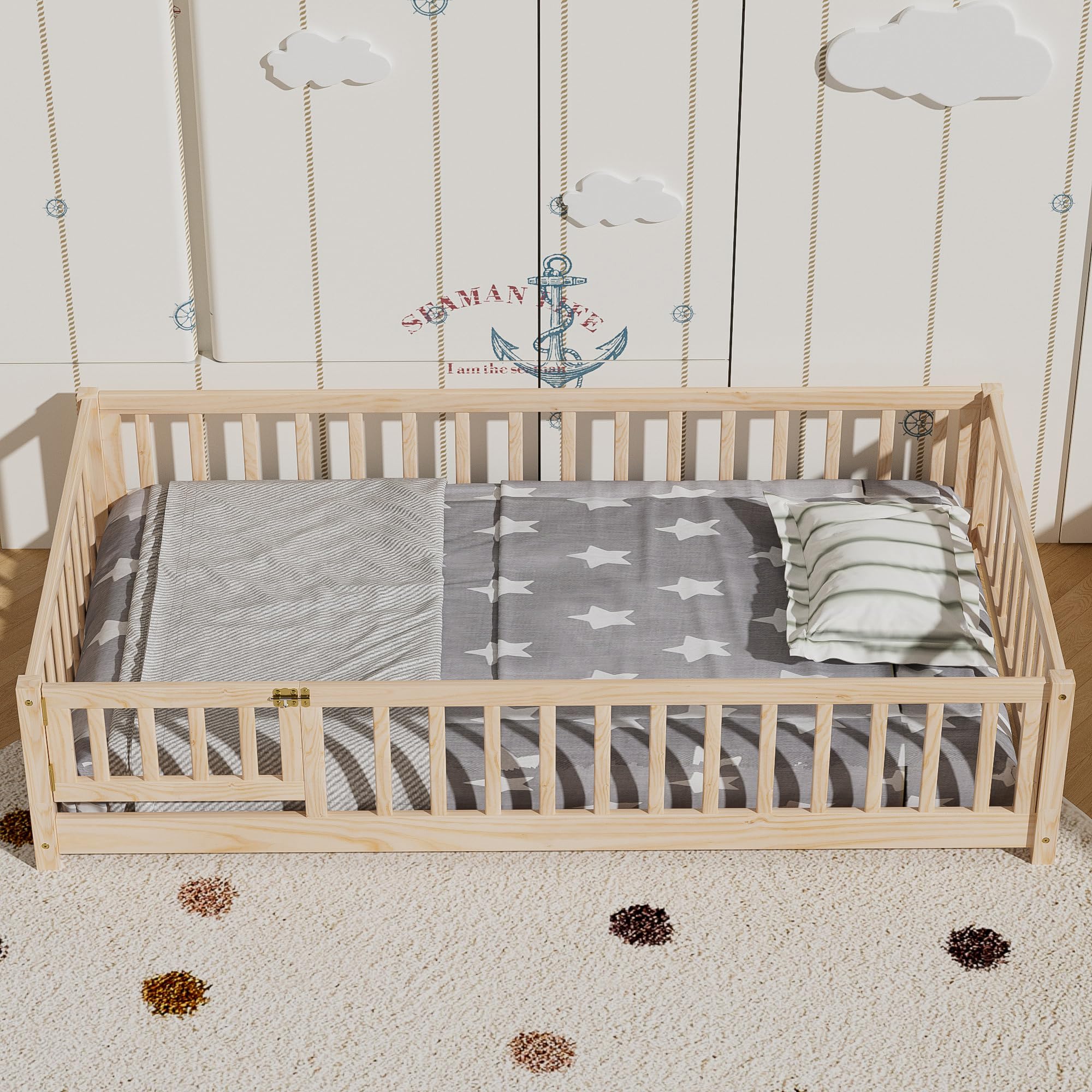 i-POOK Queen Floor Bed for Children, Sturdy Wood Montessori Bed Frame with Wood Slats, High Fence & Small Door for Girls and Boys, Espresso (with Bed Slats)