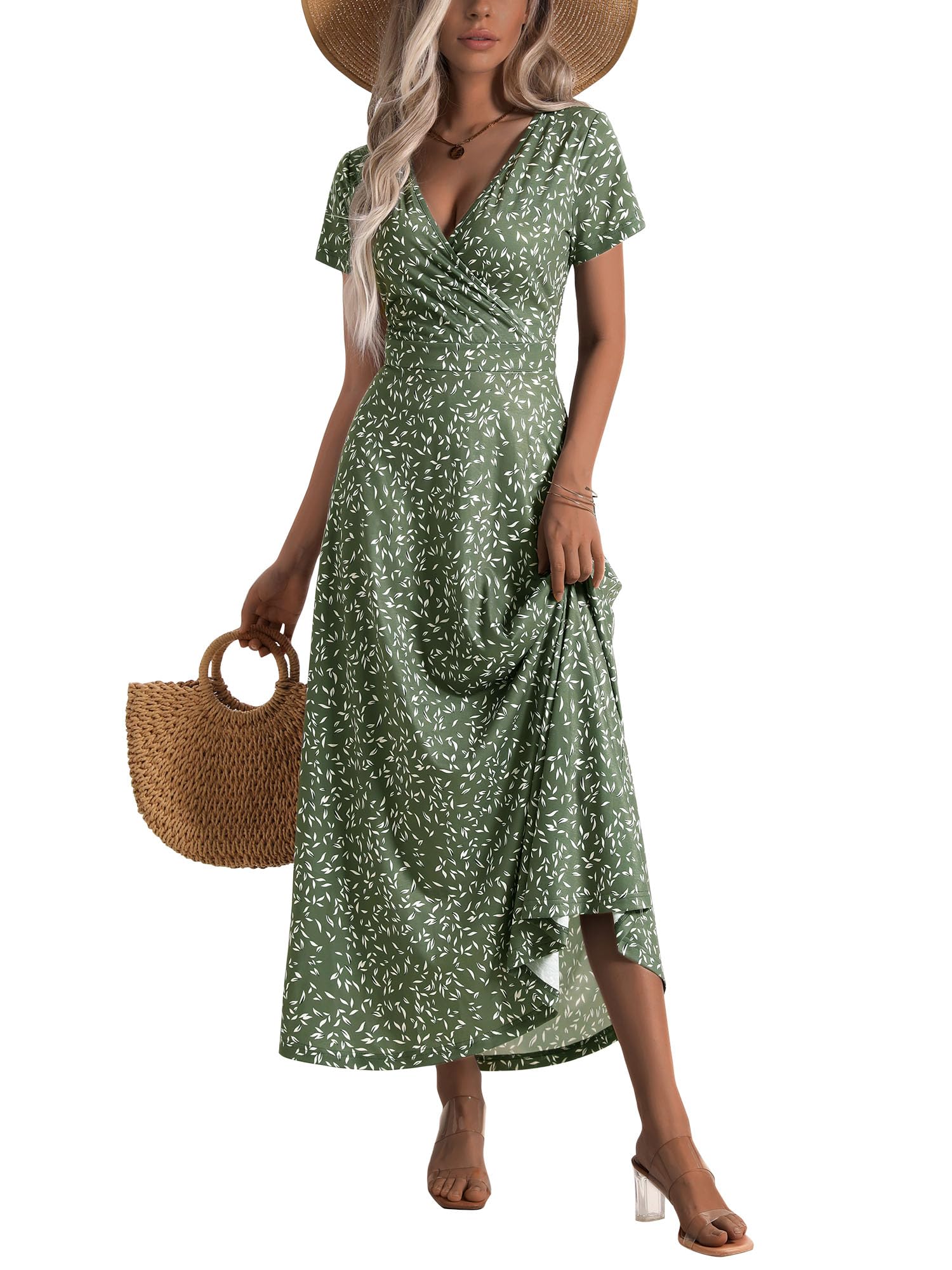 HUHOT Women's Short Sleeve Wrap V Neck Dresses for Wedding Guest Summer Floral Maxi Sundresses with Pockets Boho Dress