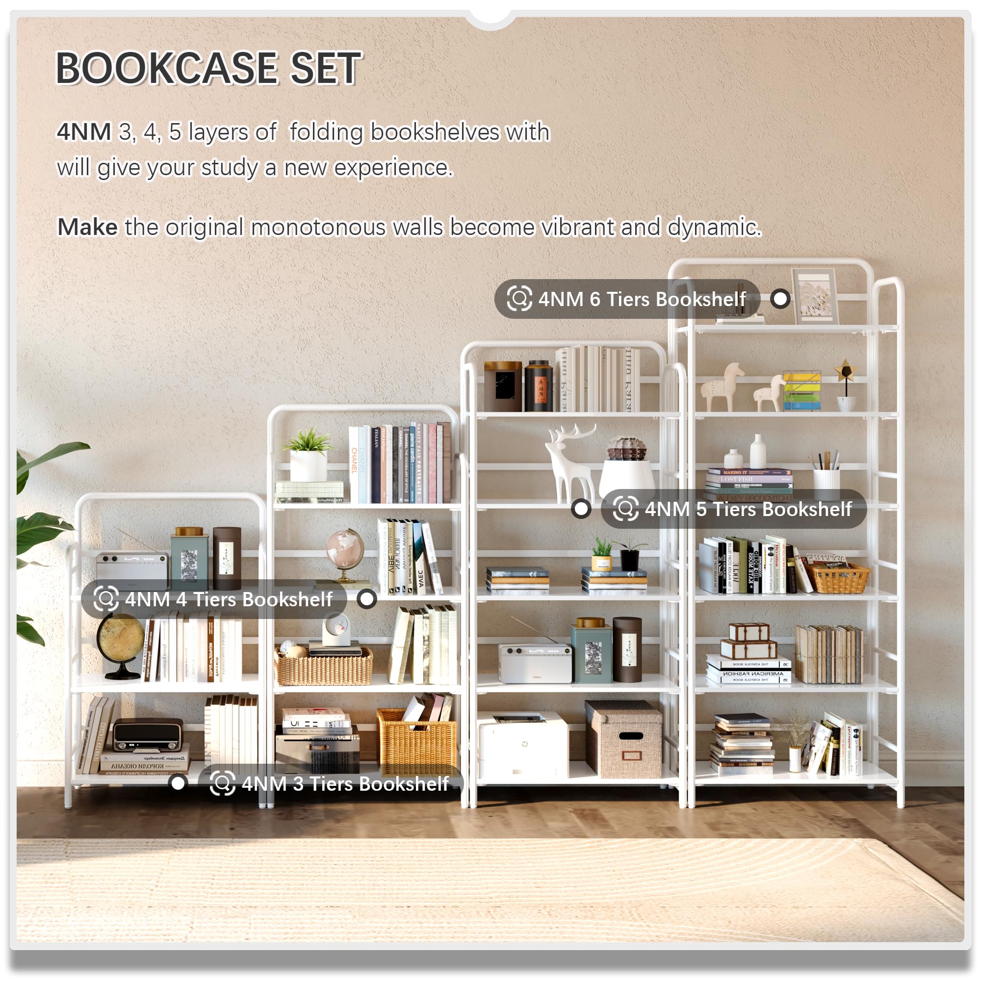 4NM No Assembly Folding Bookshelf, 3 Tiers Collapsible Book Shelves Open Industrial Foldable Storage Bookcase Shelf for Bedroom, Living Room, Home Office - Natural and White