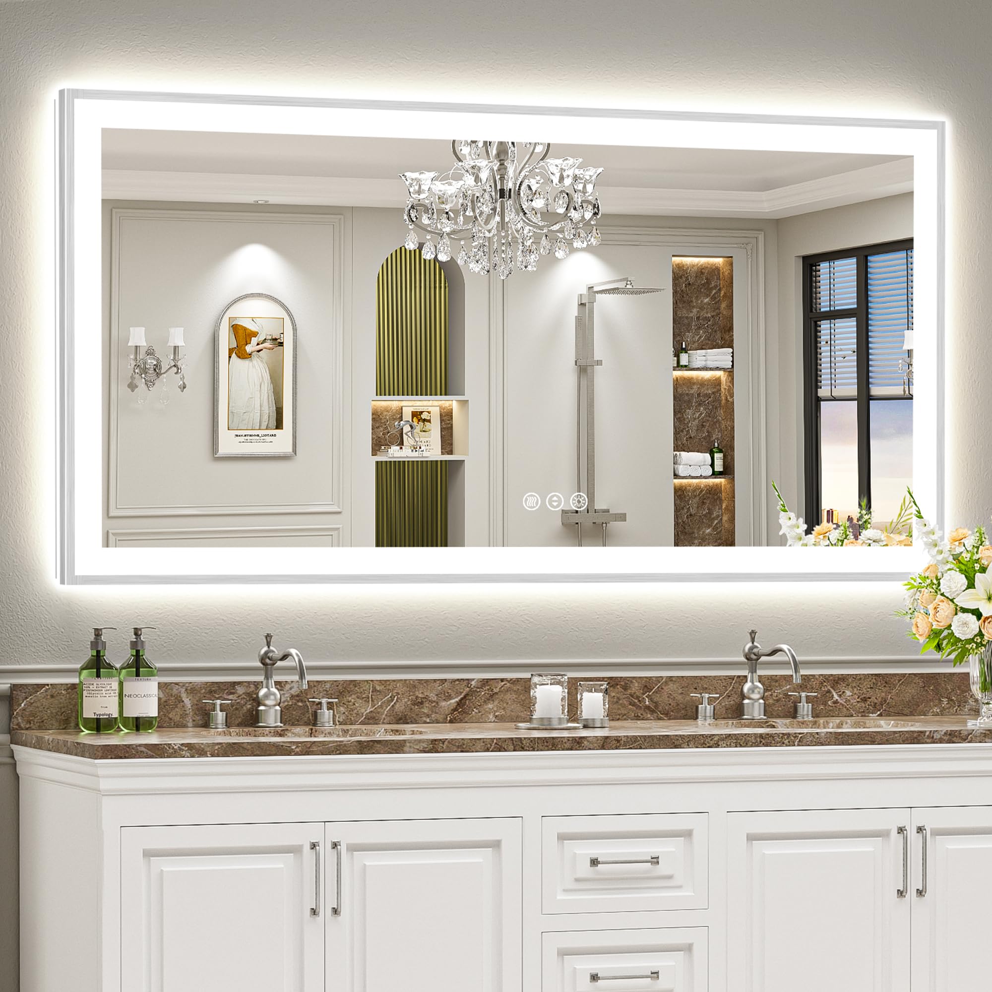 24x32 Black Framed LED Bathroom Mirror with Lights, Backlit and Front Lit Anti-Fog Lighted Vanity Mirrors for Bathroom Wall, Dimmable, 3 Colors, Memory, HD Tempered Glass, Horizontal/Vertical