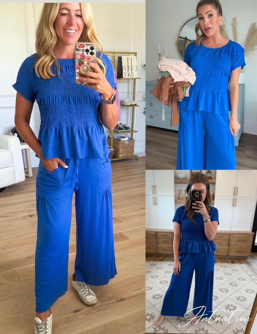 Antnation Womens 2 Piece Smocked Top Wide-Leg Pants Set High-Waisted Lounge Outfit with Pockets Casual Boho Matching Set