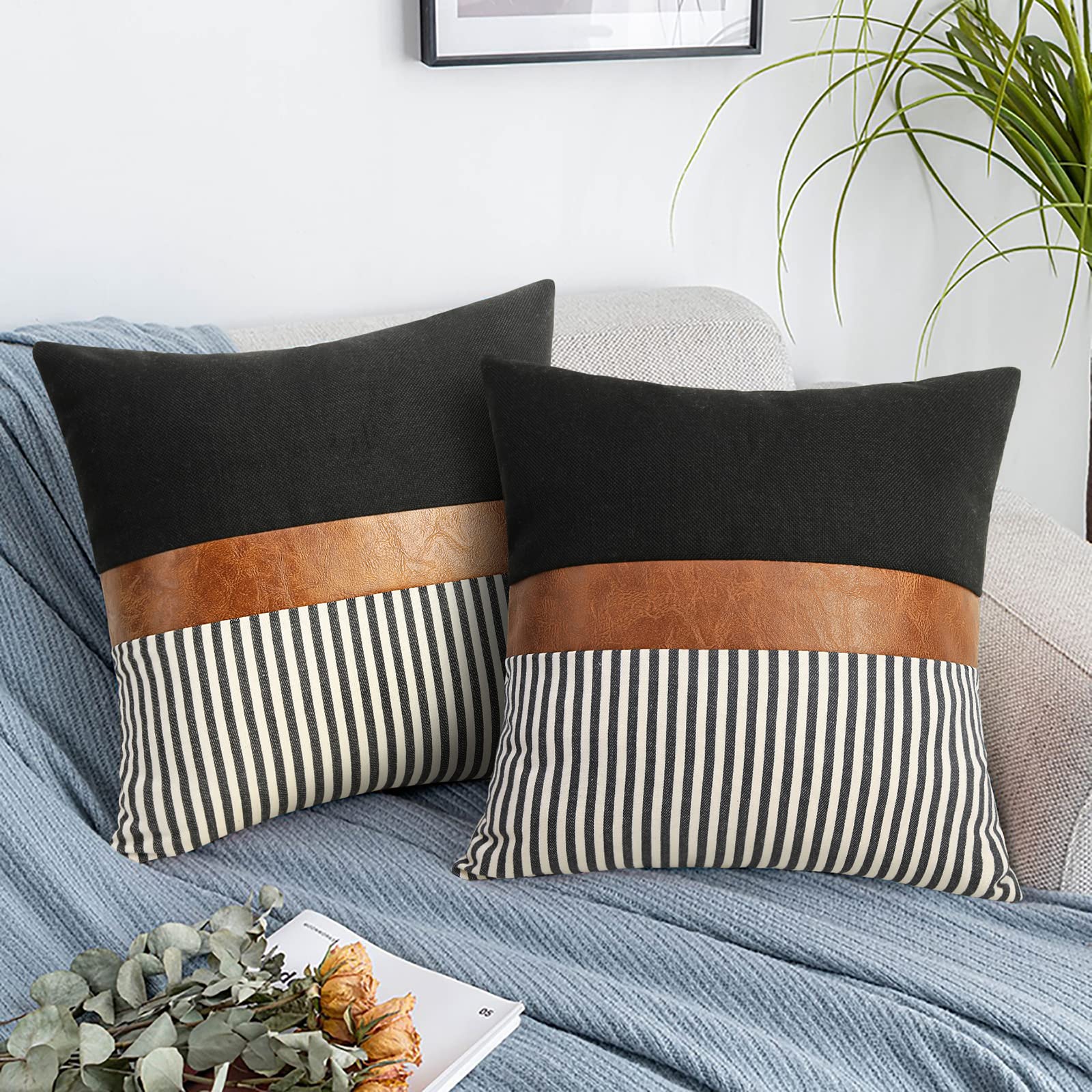 16x16 inch Pillow Covers Set of 2 Farmhouse Decor Stripe Patchwork Linen Throw Pillow Covers Modern Faux Leather Covers for Couch Sofa,Black
