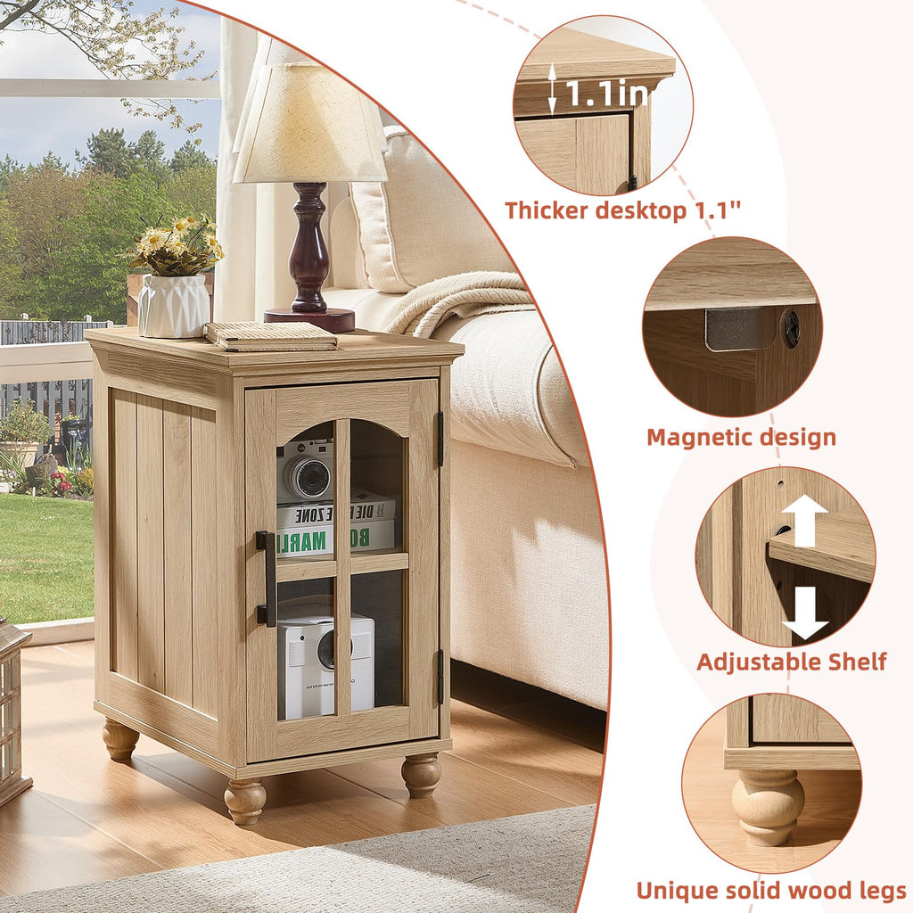 Narrow Side Table,Farmhouse Nightstand with Charging Station,Wood End Table with Glass Barn Door Storage, Cabinet Organizer with Adjustable Shelf, Night Stand for Small Spaces for Living Room Bedroom