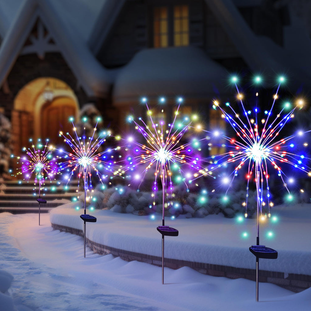 Solar Garden Firework Lights Outdoor Waterproof, 2 Pack Solar Powered Art Stake Twinkle Lighting for Outside Decor, 120 LED Sparklers String Lights for Yard Pathway Decorations(White)