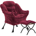 Youtanic Lazy Chair with Folding Ottoman, Accent Chair Velvet Upholstered with Metal Structure and Non-Slip Pads, Sofa Armchair with Footrest and Side Storage Bag for Dorm, Room, Office, Beige