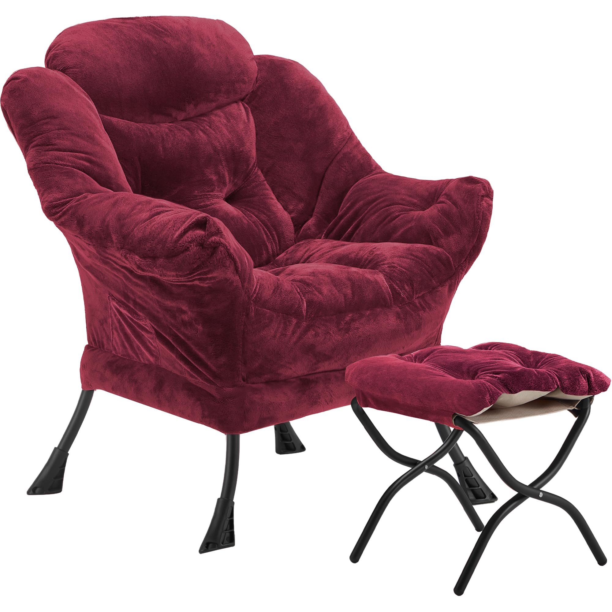 Youtanic Lazy Chair with Folding Ottoman, Accent Chair Velvet Upholstered with Metal Structure and Non-Slip Pads, Sofa Armchair with Footrest and Side Storage Bag for Dorm, Room, Office, Beige