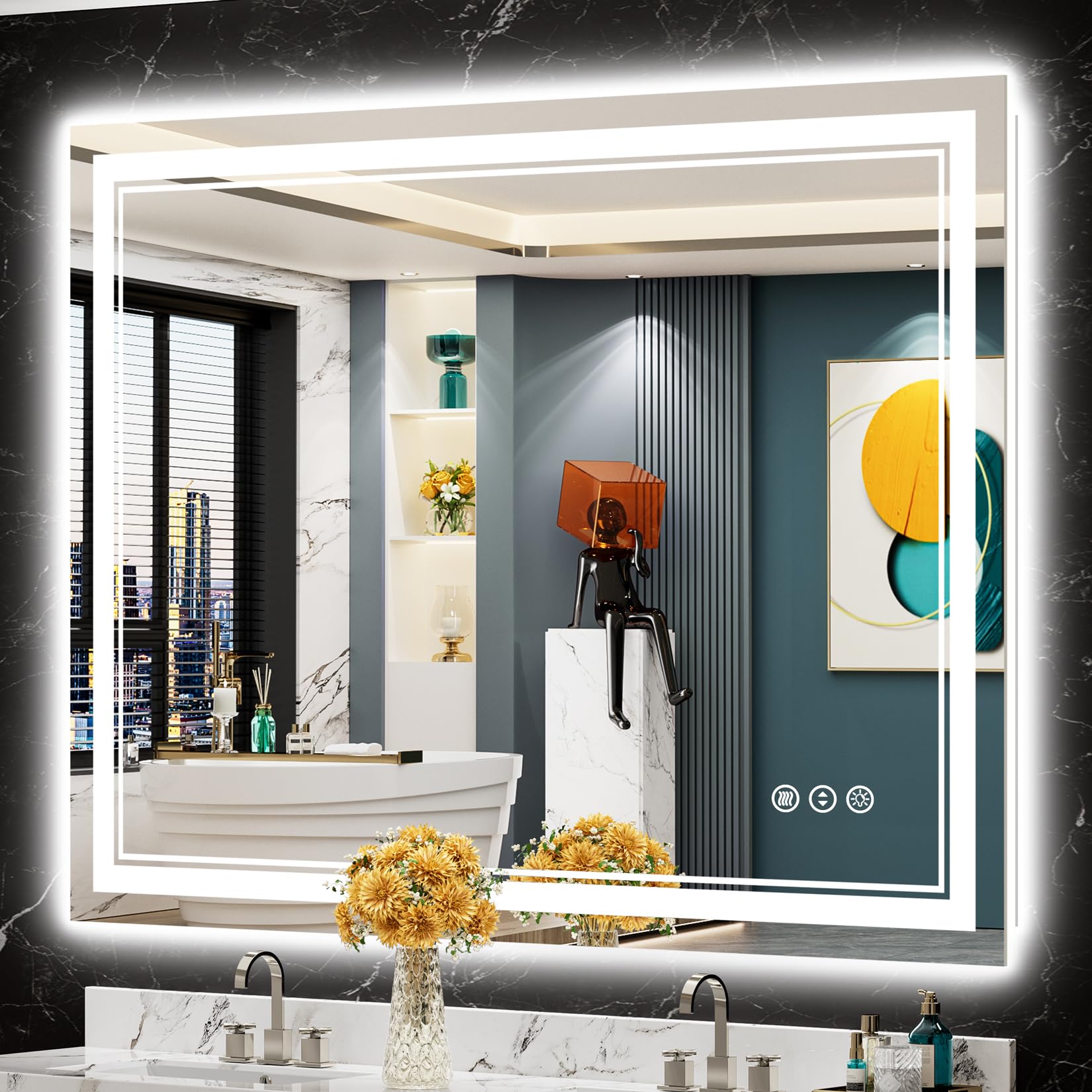 24x32 Black Framed LED Bathroom Mirror with Lights, Backlit and Front Lit Anti-Fog Lighted Vanity Mirrors for Bathroom Wall, Dimmable, 3 Colors, Memory, HD Tempered Glass, Horizontal/Vertical