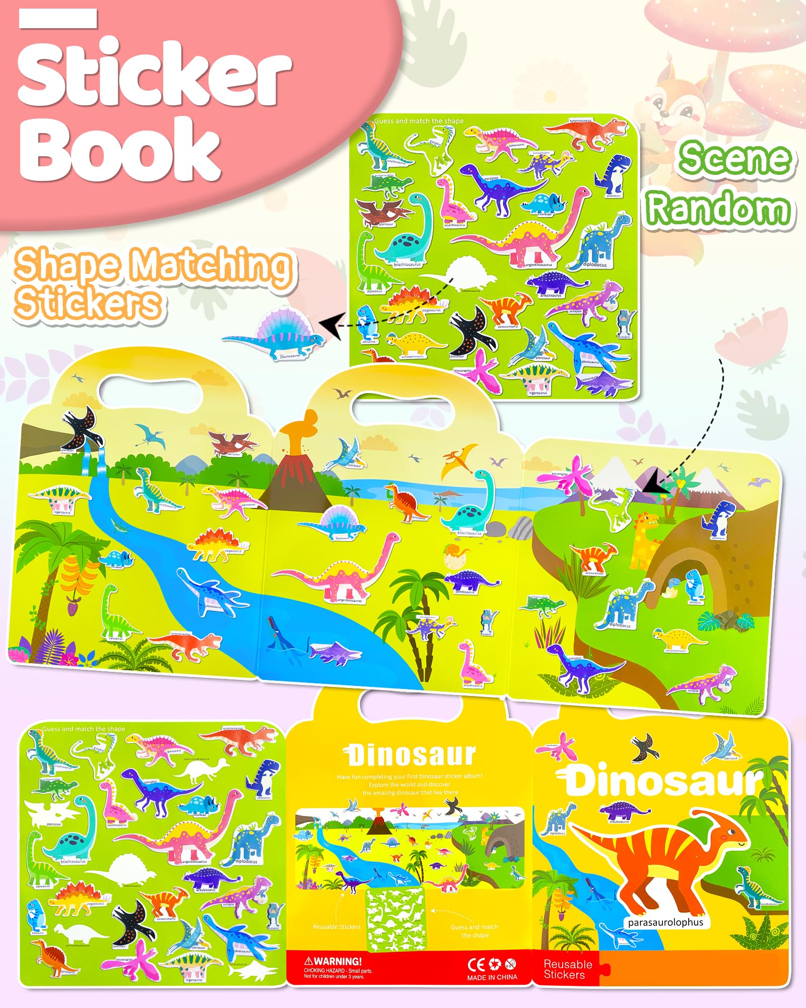 Benresive Reusable Sticker Book for Toddlers, Stickers for Kids, Travel Toys for Arts & Crafts Activities, Birthday Gift for Boys & Girls, Animals Dinosaurs Insects Themes