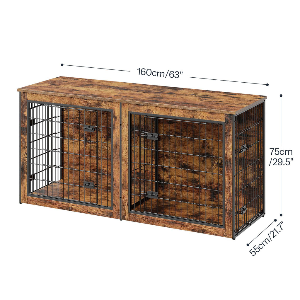 HOOBRO Dog Crate Furniture for 2 Dogs, 63" Large Double Dog Crate Furniture with Divider, Wooden Indoor Kennel TV Stand for Medium Large Dogs, Rustic Brown BF55GW03