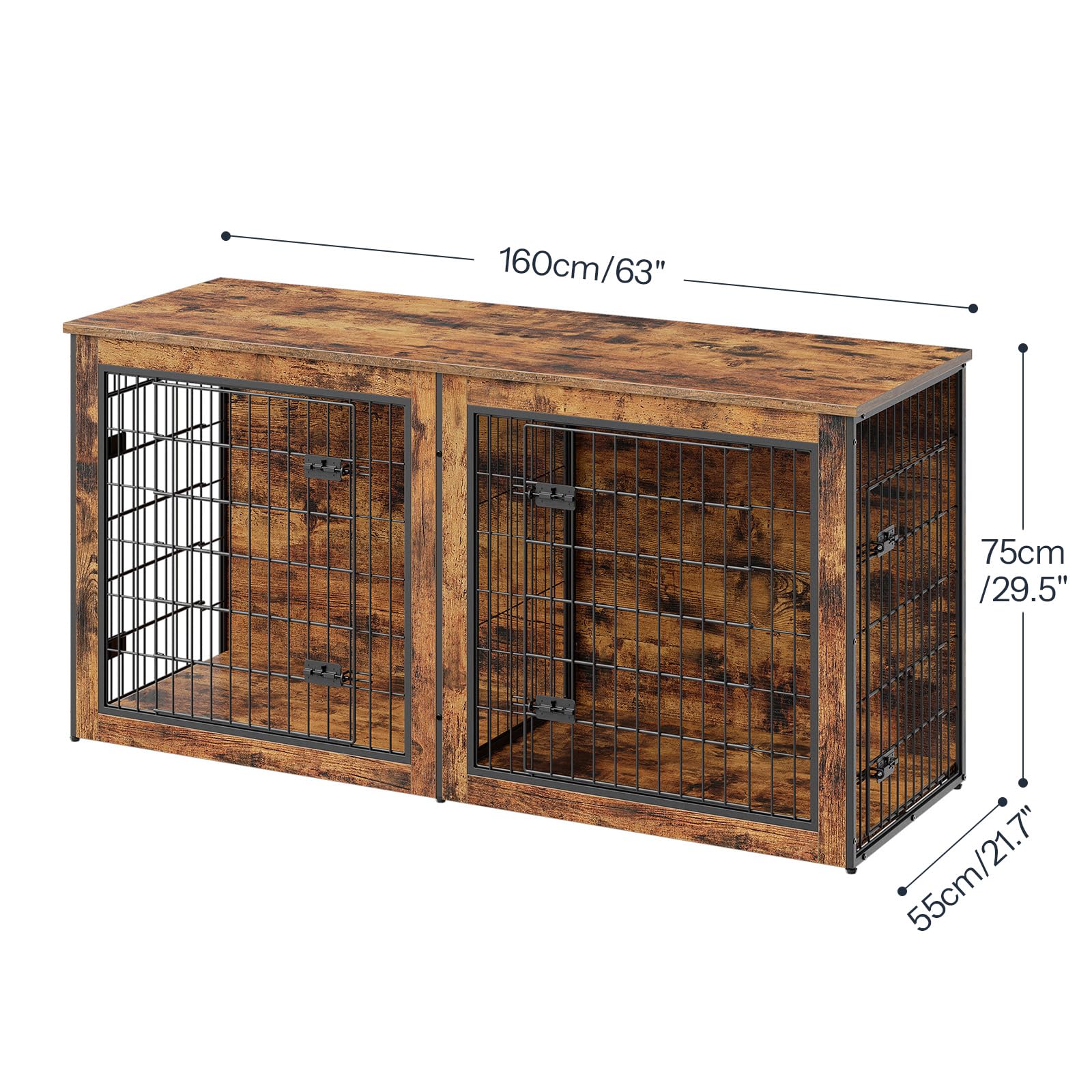 HOOBRO Dog Crate Furniture for 2 Dogs, 63" Large Double Dog Crate Furniture with Divider, Wooden Indoor Kennel TV Stand for Medium Large Dogs, Rustic Brown BF55GW03