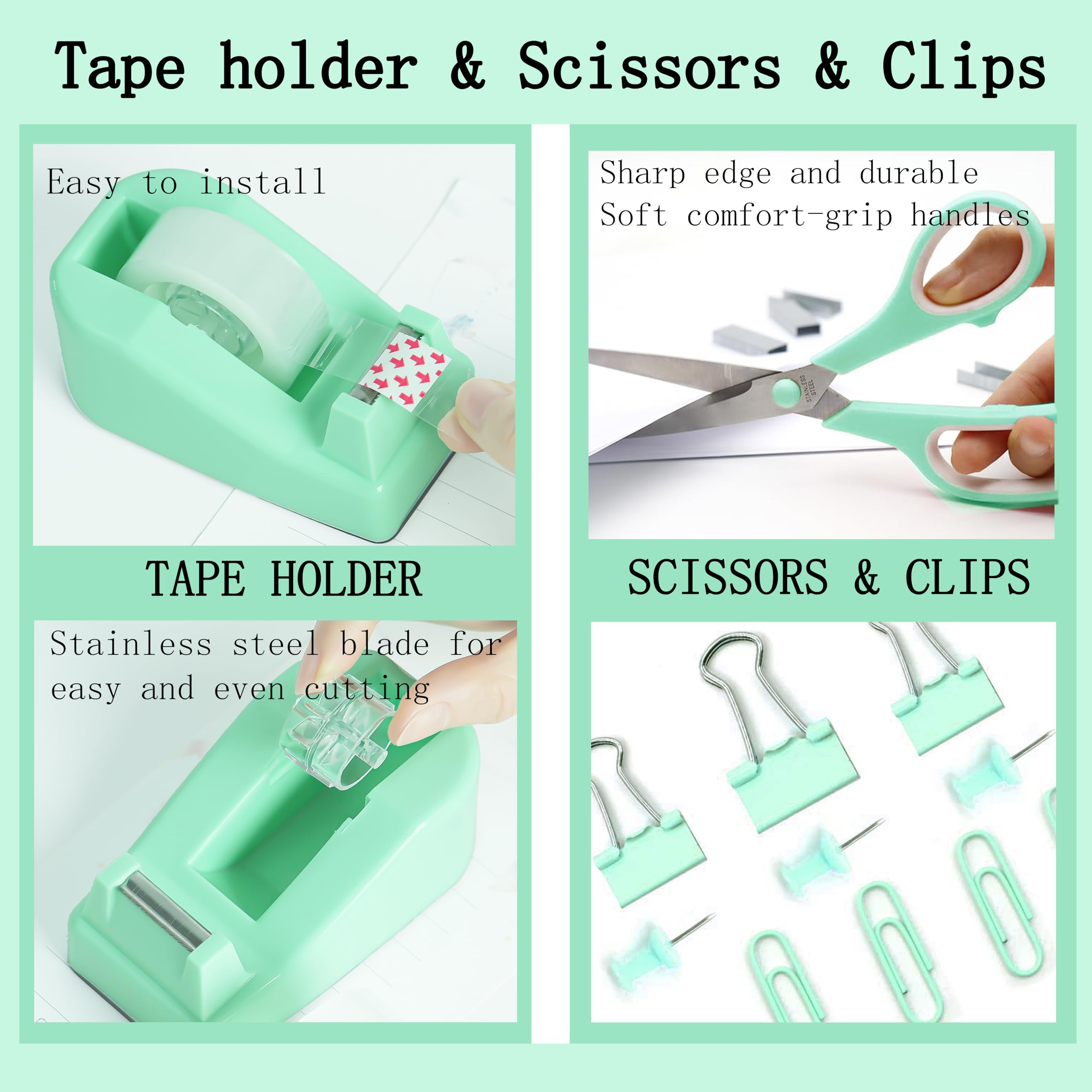 Dimonluce Office Desk Accessories, Black Office Supplies Accessories with Tape Dispenser, Stapler, Staple Remover, 1000 Staples, Tape, Clips Set, Ruler, Scissor, Pen