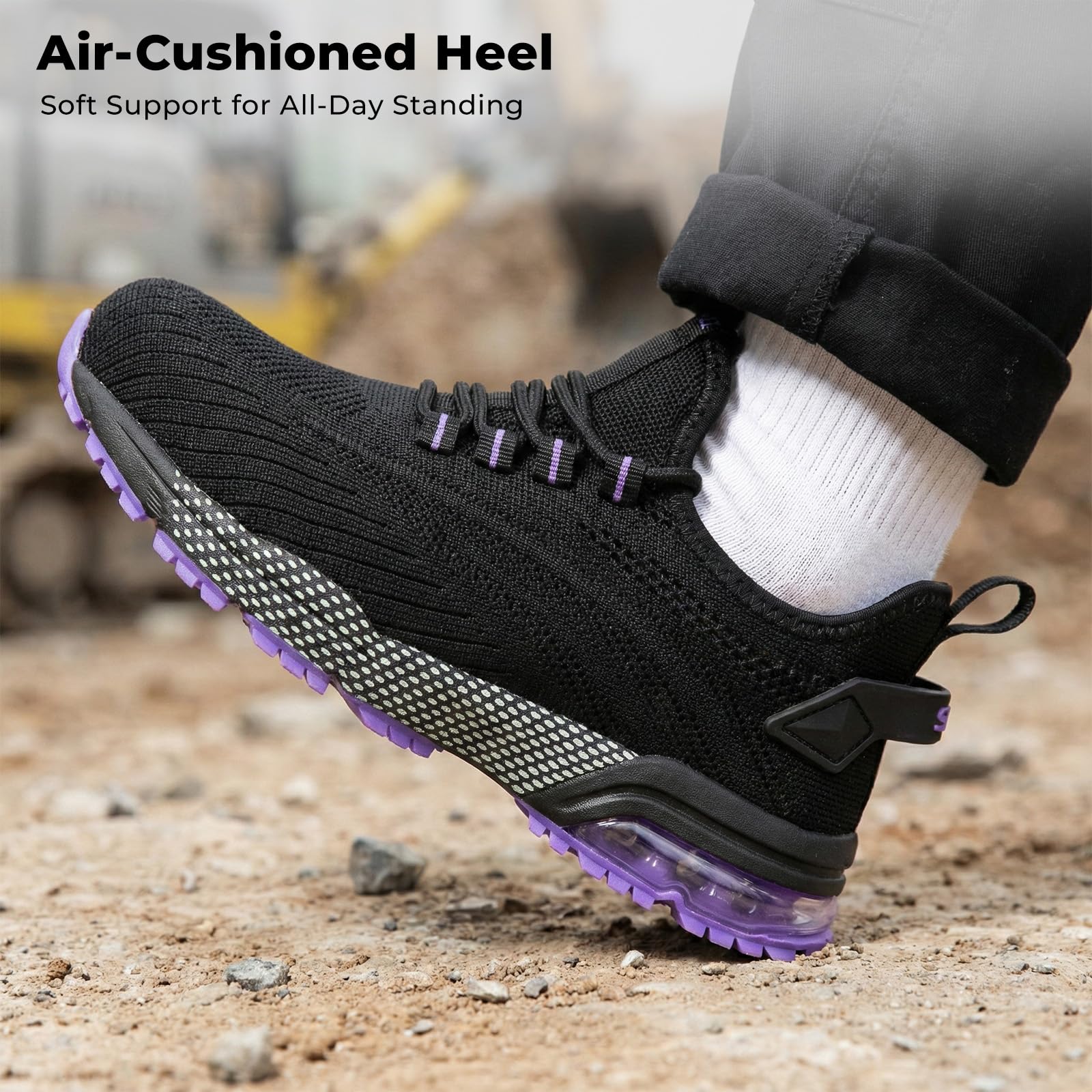 SPIEZ Safety Shoes for Women, Composite Toe Work Shoes with Air Cushioned Comfort, Lightweight Puncture Proof Safety Sneakers for Work and Daily Wear, Black Pink/Purple US4.5–10