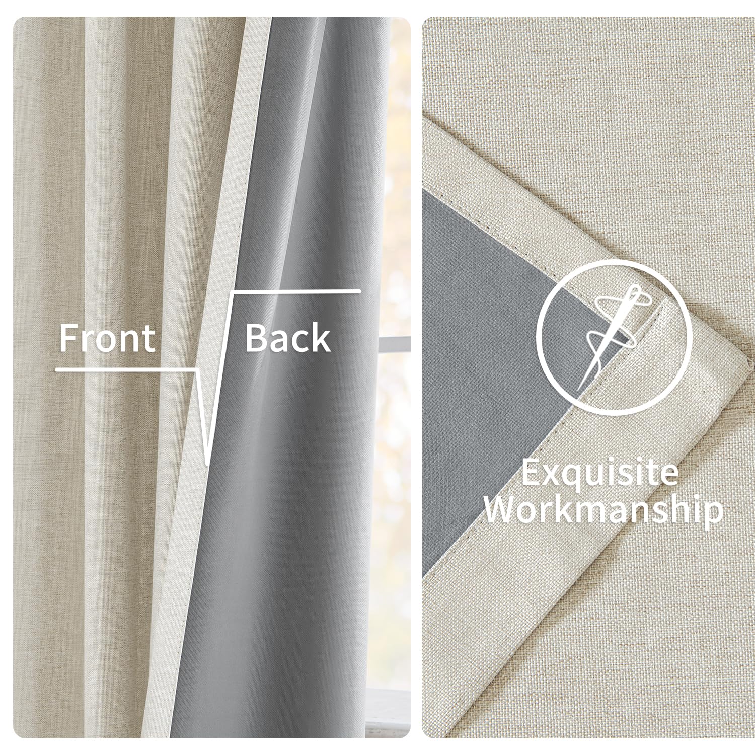 MIULEE Linen Pinch Pleated 100% Blackout Curtains for Bedroom 84 Inch Long 2 Panels Set- Back Tab Track Beige Thermal Insulated Cream Black Out Triple Pleat Room Darkening Drapes with Hooks, Greige
