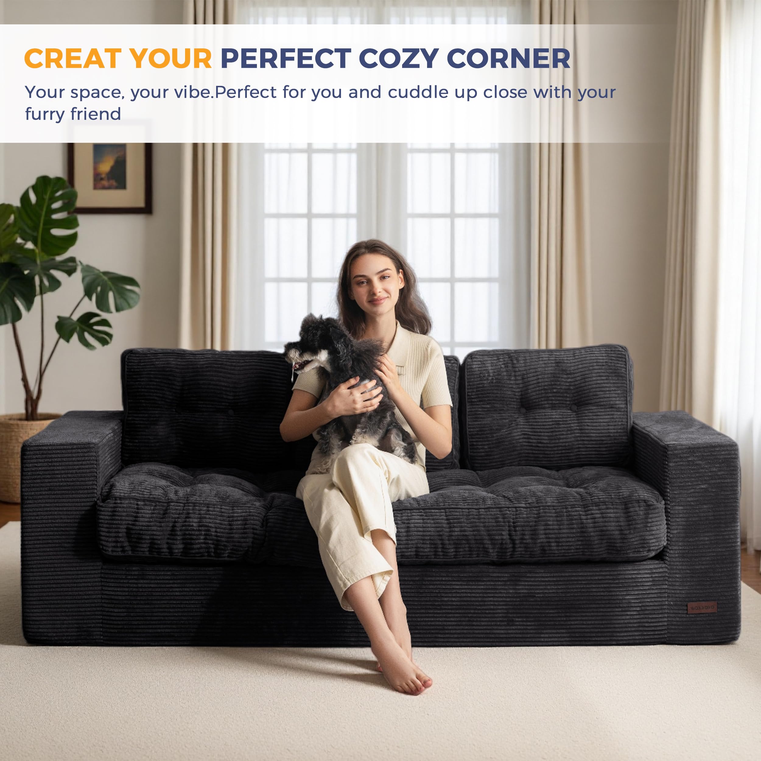 MAXYOYO 3 Seater Sofa Couch for Living Room, Tufted Boneless Couch Sofa Couch, Comfy Bubbled Bean Bag Chair for Apartment, No Assembly Needed, Beige