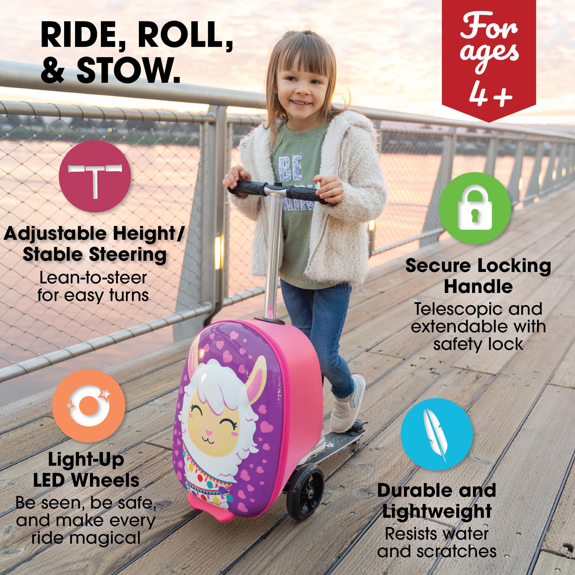 KIDDIETOTES Ride-On Scooter Suitcase for Kids – Hardside Lightweight Carry-On Luggage with Foldable Scooter, LED Wheels, Travel Fun for Toddlers & Children