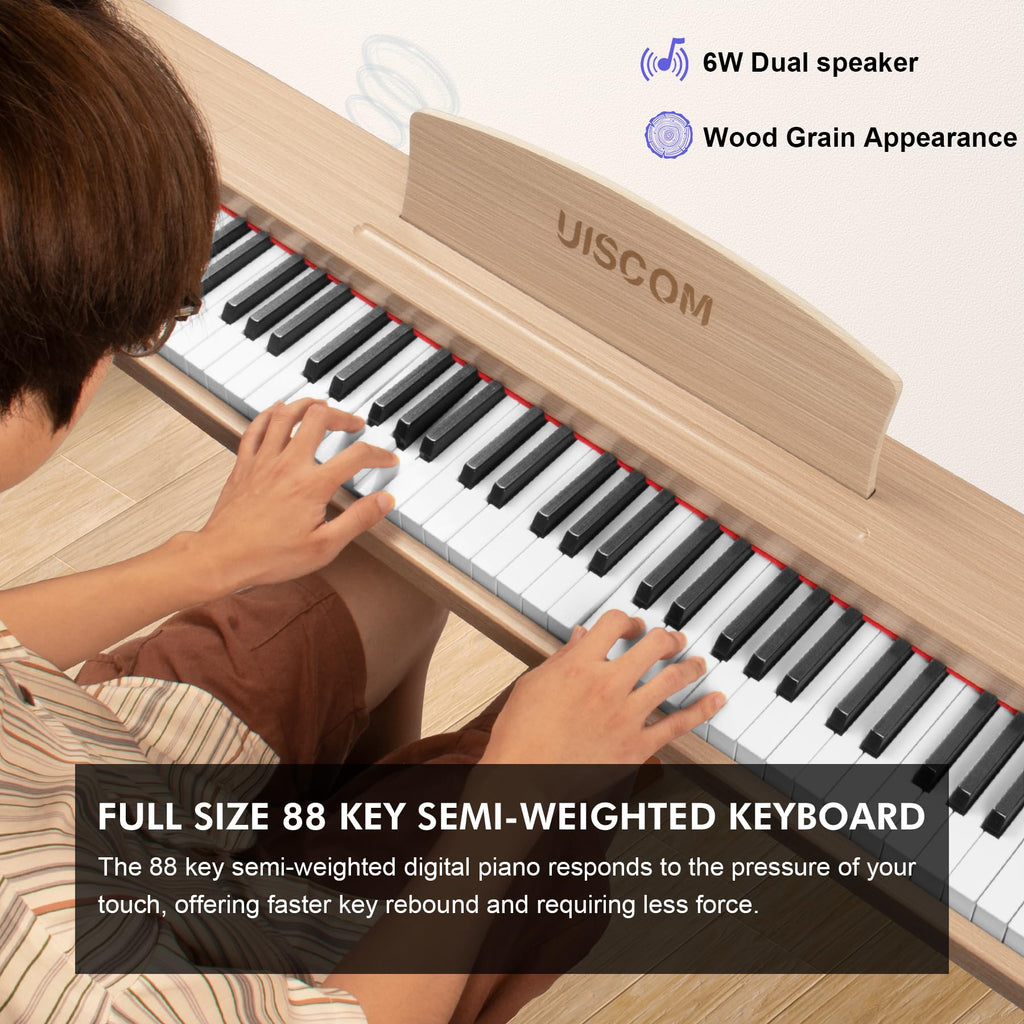 UISCOM Digital Piano Keyboard for Beginners, Full Size 88 Key Semi-Weighted Keyboard Electric Piano with Stand,Power Adapter,Sheet Music Stand,Pedal,Headphone,USB-MIDI Compatible,Wood Grain Apricot