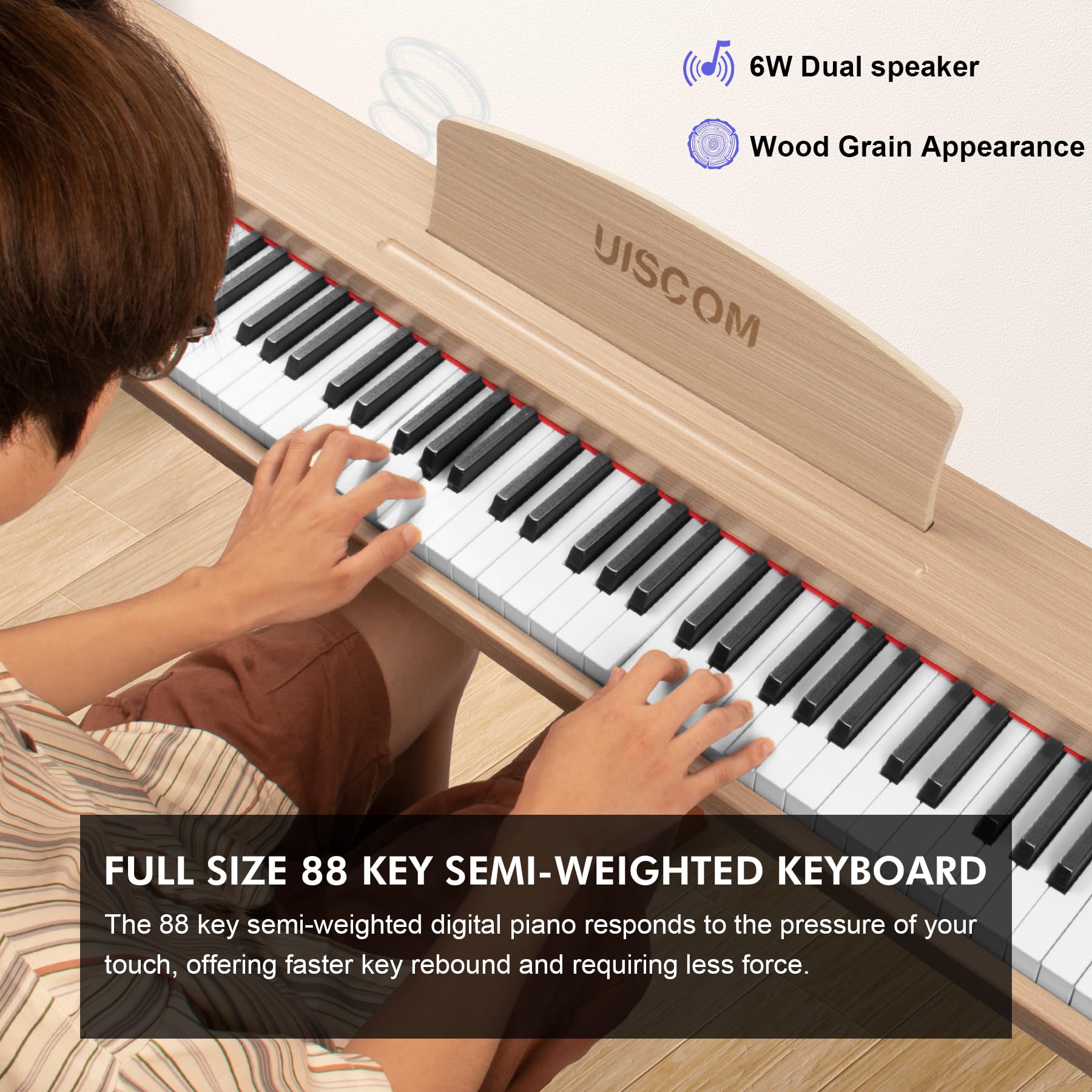 UISCOM Digital Piano Keyboard for Beginners, Full Size 88 Key Semi-Weighted Keyboard Electric Piano with Stand,Power Adapter,Sheet Music Stand,Pedal,Headphone,USB-MIDI Compatible,Wood Grain Apricot