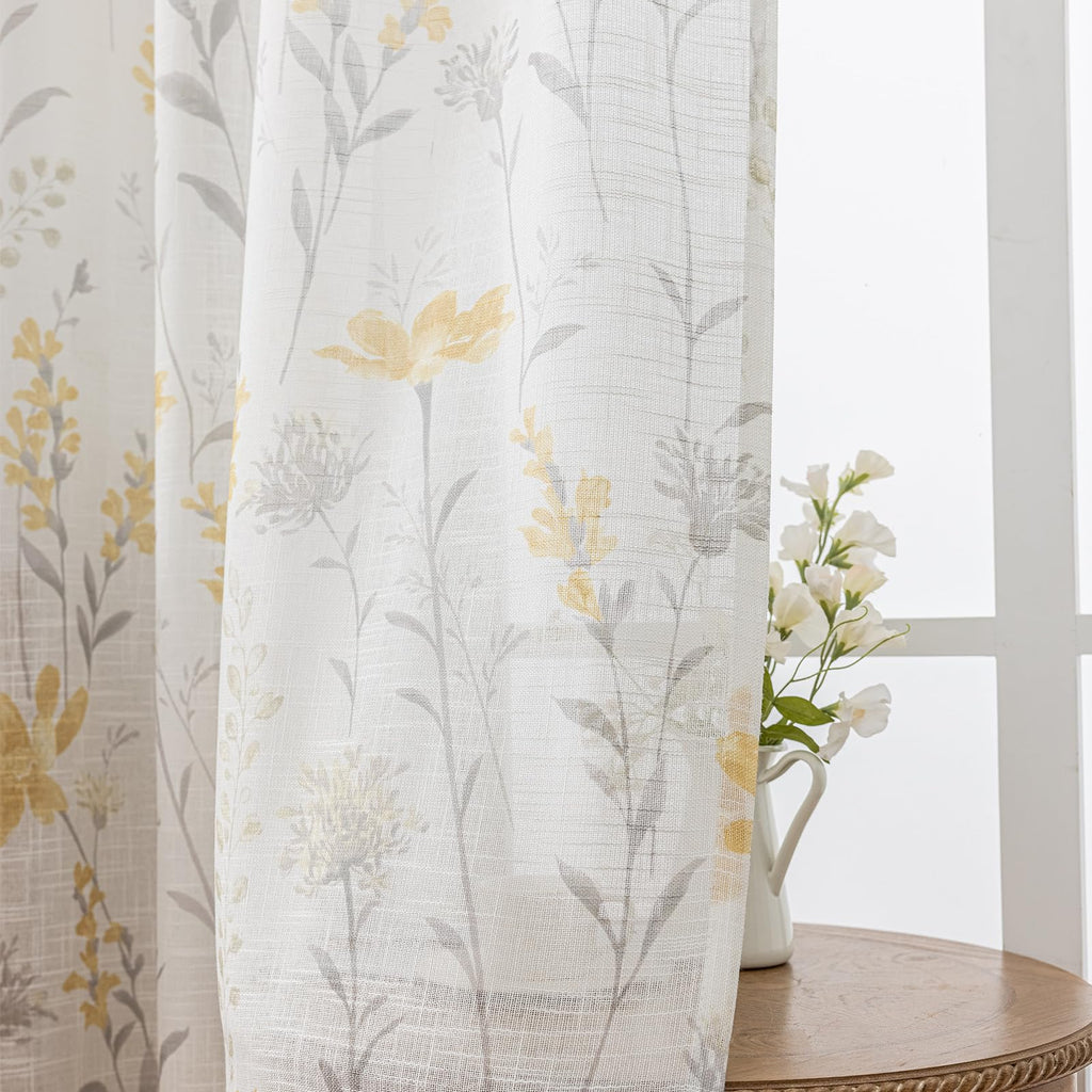 SUOUO Blue Leaf Semi Sheer White Curtains for Bedroom Dining Living Room Linen Textured 84 inches Long Rod Pocket Boho Window Drapes 2 Panels
