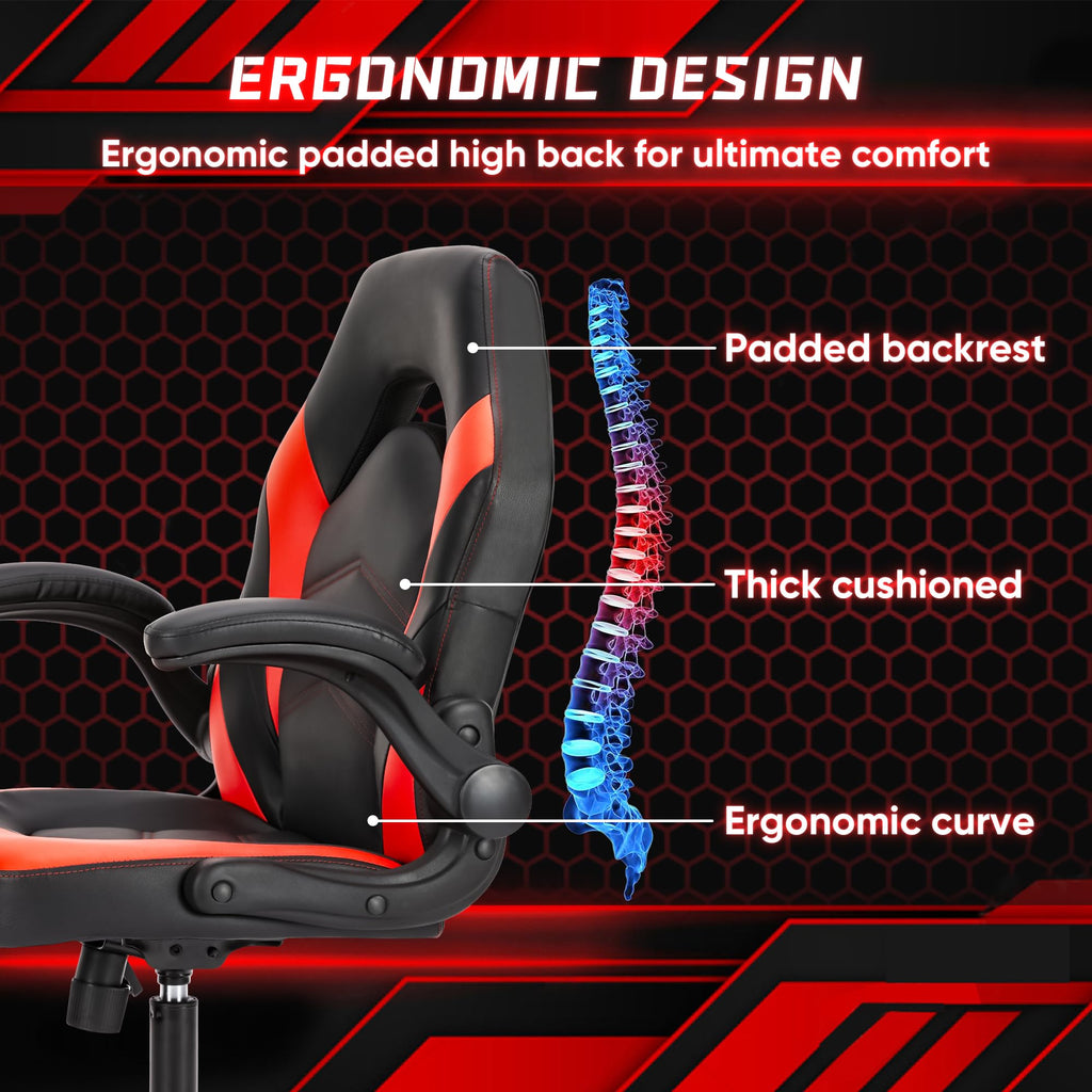 OLIXIS Computer Gaming Desk Chair - Ergonomic Video Game with Comfy Lumbar Support and headrest, PU Leather with Flip-up Arms, Adjustable Height and Swivel Wheels, for Adults, Black