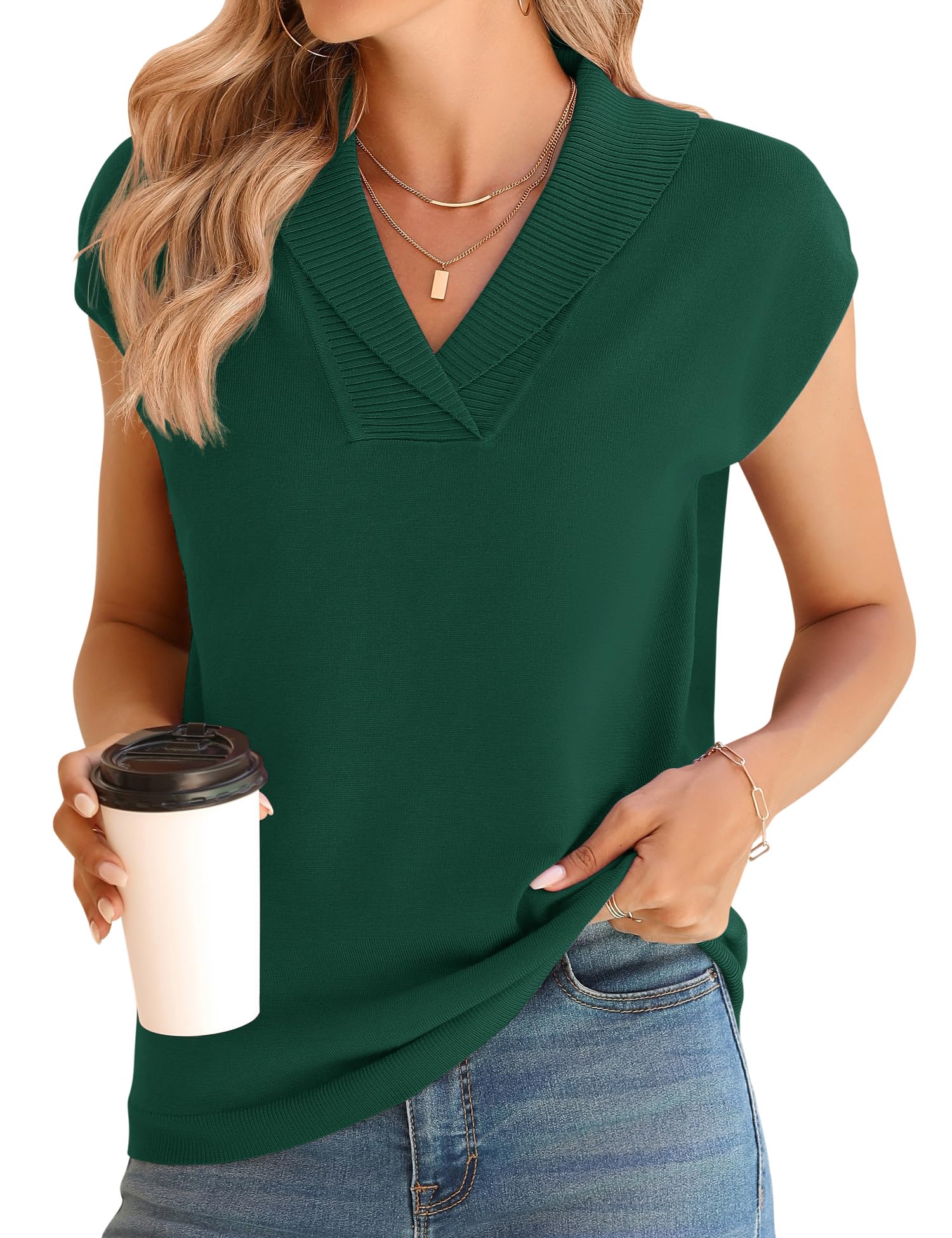 Ivicoer Sweater Vest Women V-Neck Knitted Pullover Short Cap Sleeve Collared Tops Dressy Casual 2025 Summer Fashion Trendy
