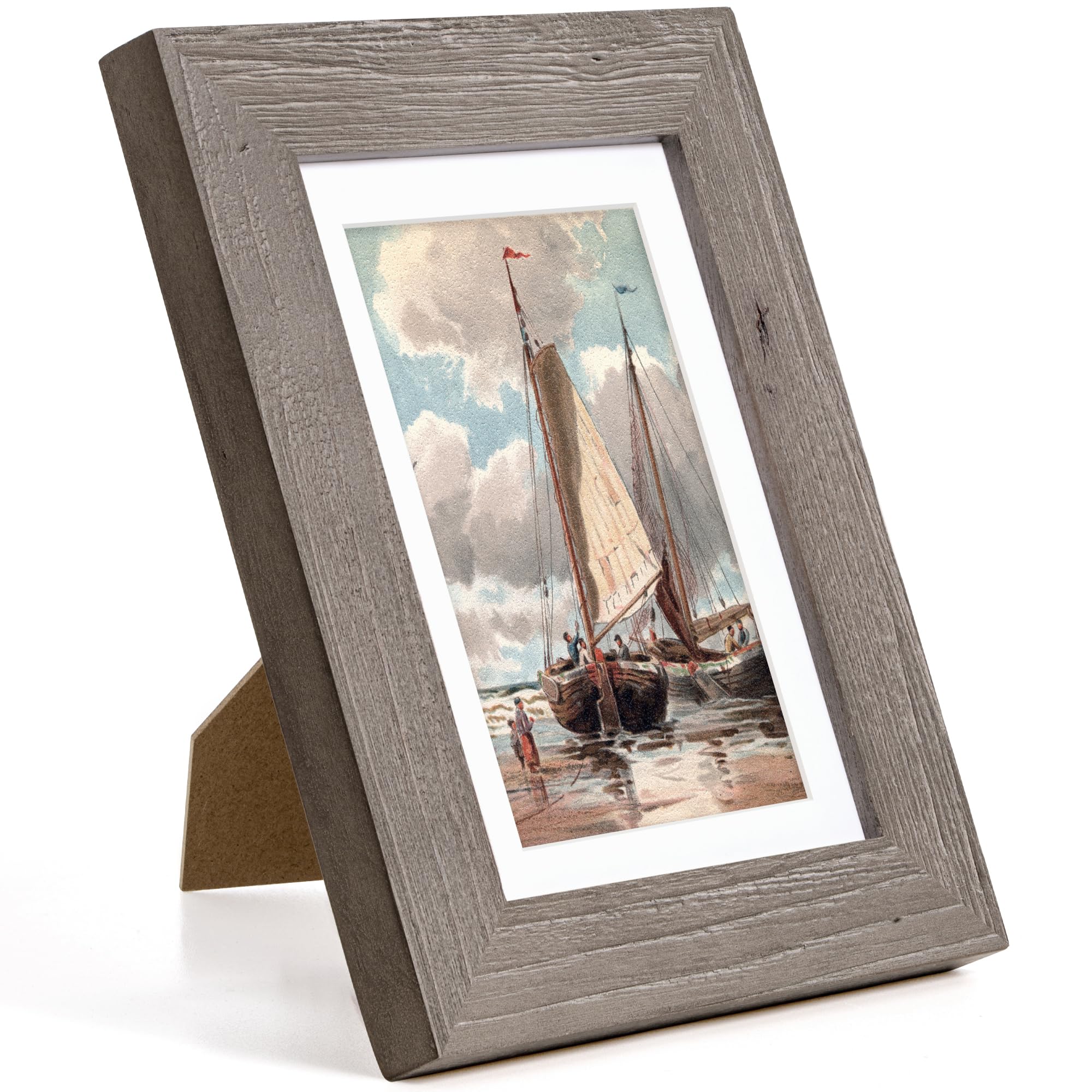 Fun Memories 5x7 Picture Frame with Mat for 4x6 Photo, Solid Elm Wood & Tempered Glass, Rustic Wall & Tabletop Display Frame, Grey, 1 Pack