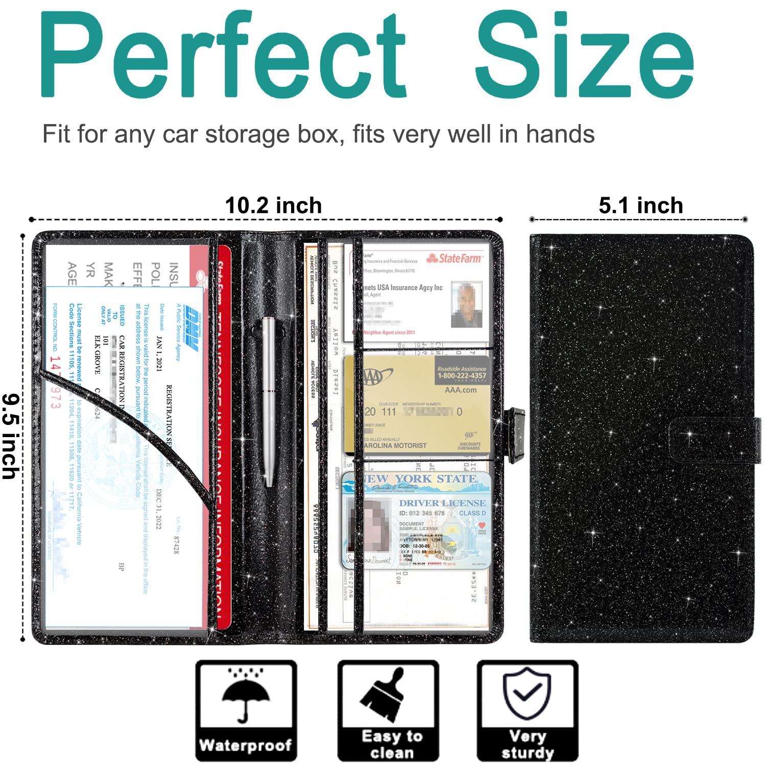 RSAquar Car Registration and Insurance Holder, Vehicle Glove Box Organizer Cool Car Accessories, Auto Truck Document Holder for Cards, Driver License, Black Glitter