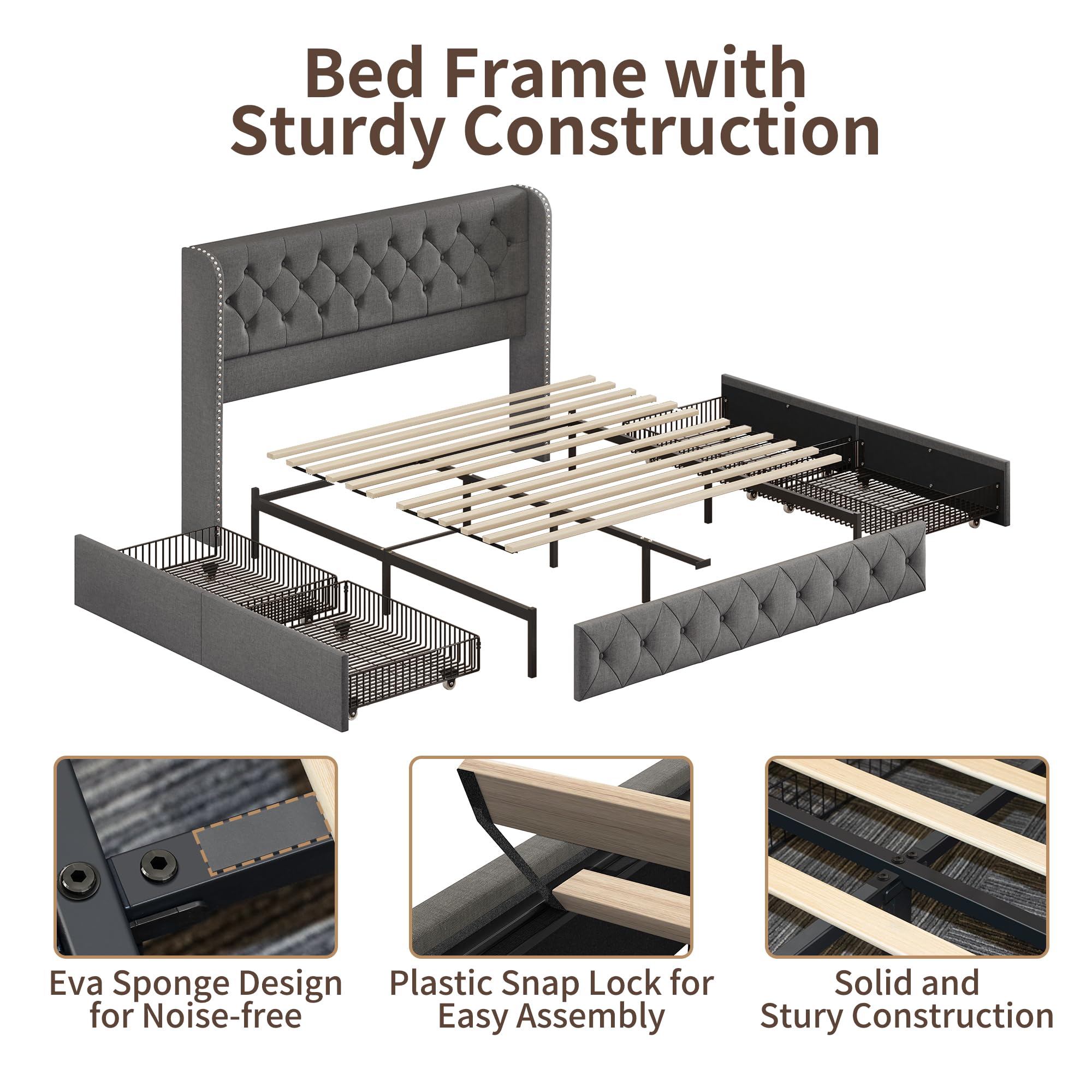 BRELTAM Full Size Bed Frame with Storage Drawers and Wingback Headboard Linen Upholstered Platform Bed Frame Tufted Beds with Heavy Duty Wood Slats, Noise Free, Easy Assembly, Beige
