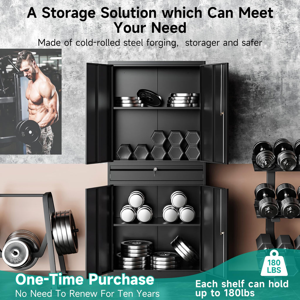 SISESOL Wide & Deep Metal Storage Cabinet with Wheels,Tall Rolling Garage Storage Cabinet with Lock,Black Metal Cabinets with Pegboards and Shelves,Tool Locker for Garage,Home,Office,43''Wx 20''Dx71"H