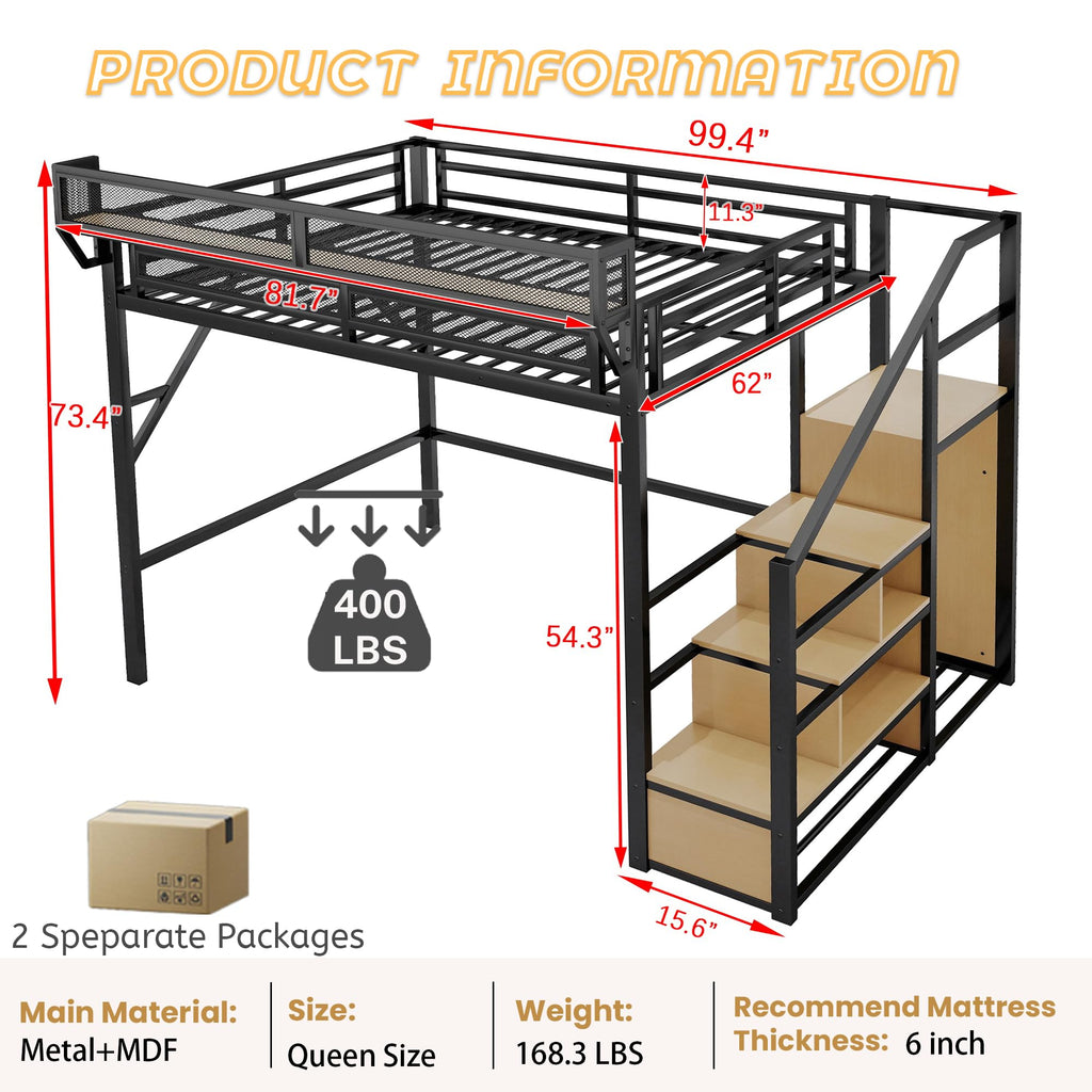Mirightone Full Size Loft Bed with Stairs, Metal Loft Beds, High Loft Bed Frame with Storage Shelves, Lofted Full Bed with Wardrobe for Kids and Teens, No Box Spring Needed (Black)