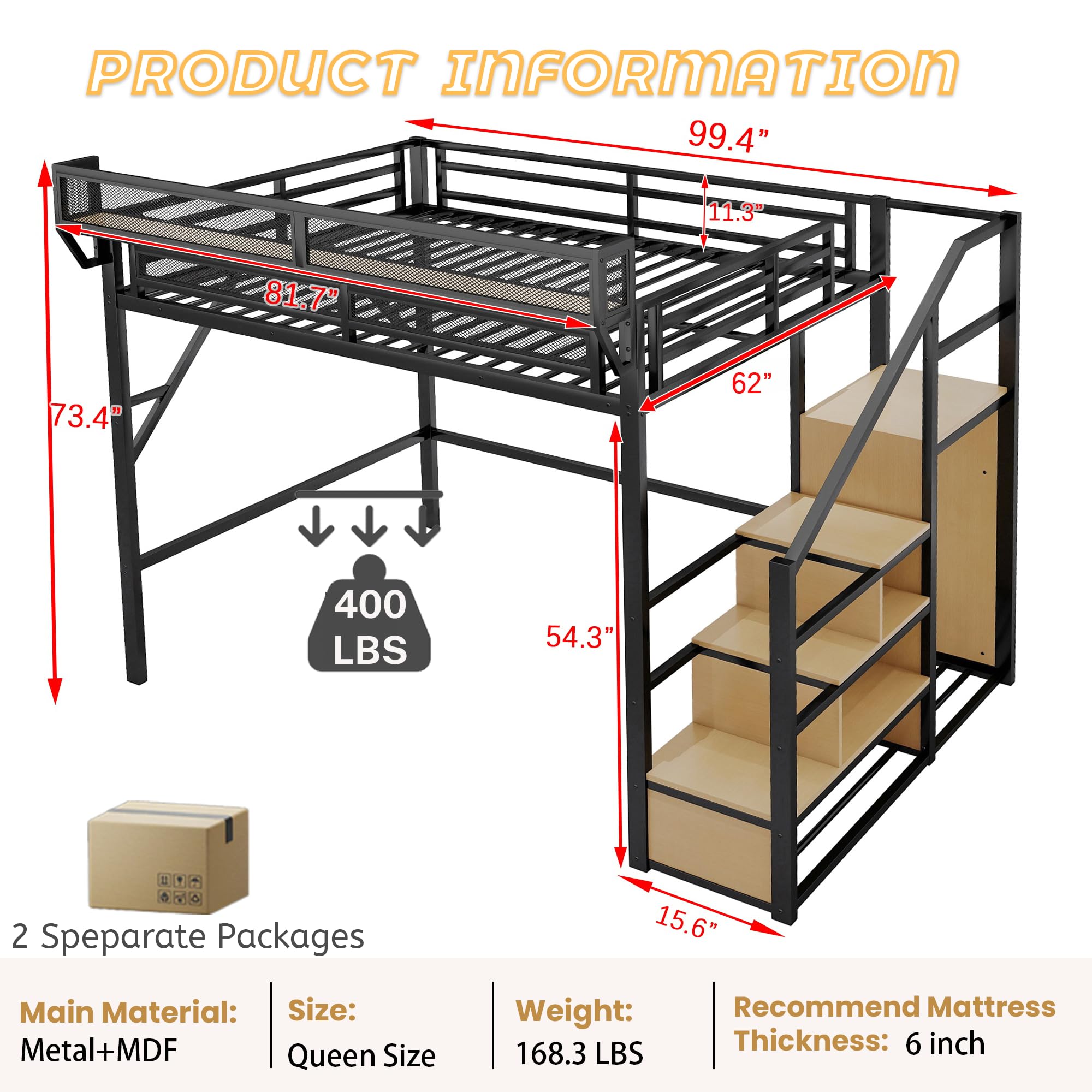 Mirightone Full Size Loft Bed with Stairs, Metal Loft Beds, High Loft Bed Frame with Storage Shelves, Lofted Full Bed with Wardrobe for Kids and Teens, No Box Spring Needed (Black)