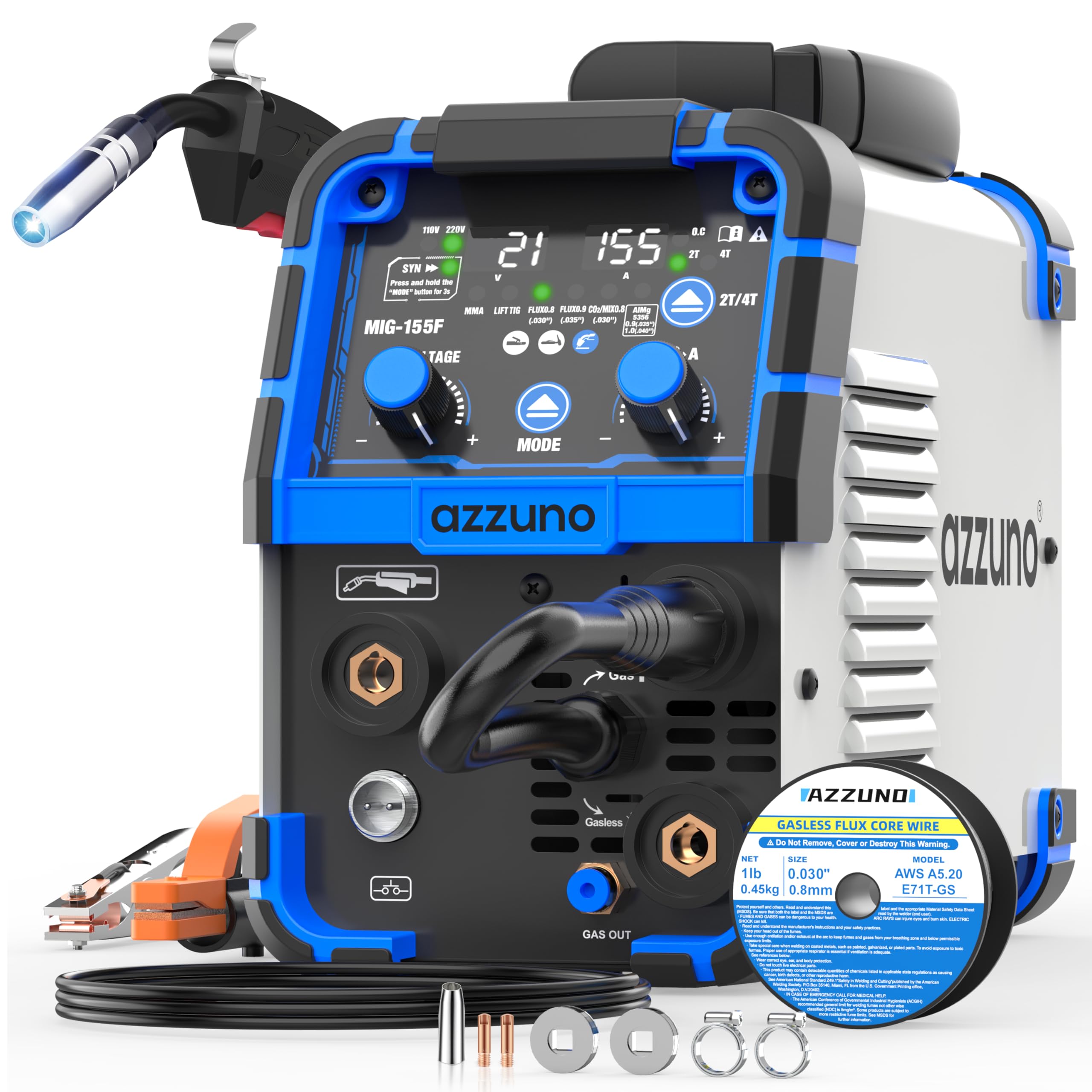 AZZUNO MIG Welder Machine 110V/220V, 155Amp 5-in-1 Gas MIG/Aluminum MIG/Gasless Flux MIG/Lift TIG/Stick Welding Machine, Wire Feed Welder