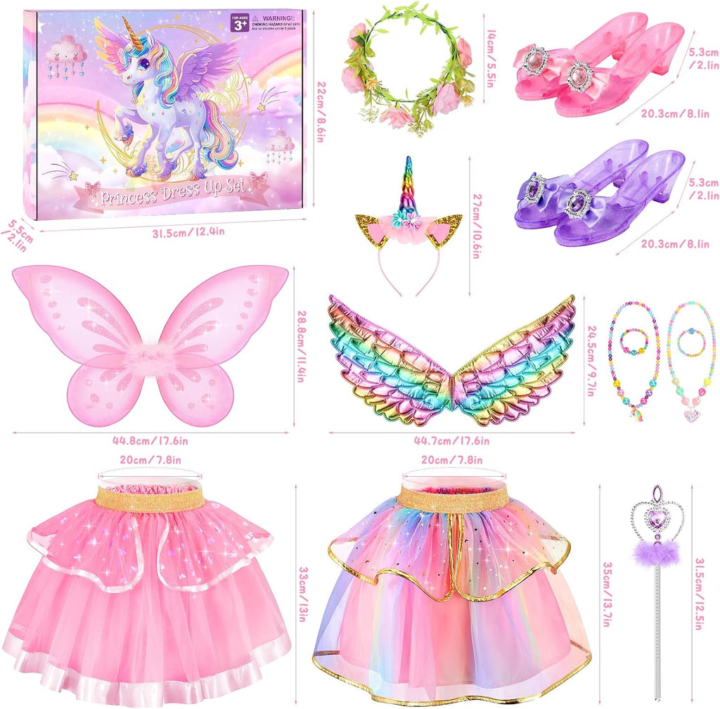 Chillife Princess Dress Up Fairy & Unicorn Costume for Girls 4-6, Toddler Dress with Tutu, Wings, Shoes, Jewelry, Headband Fairy Unicorn Toys for Girls Christmas Halloween Birthday Gift Toys
