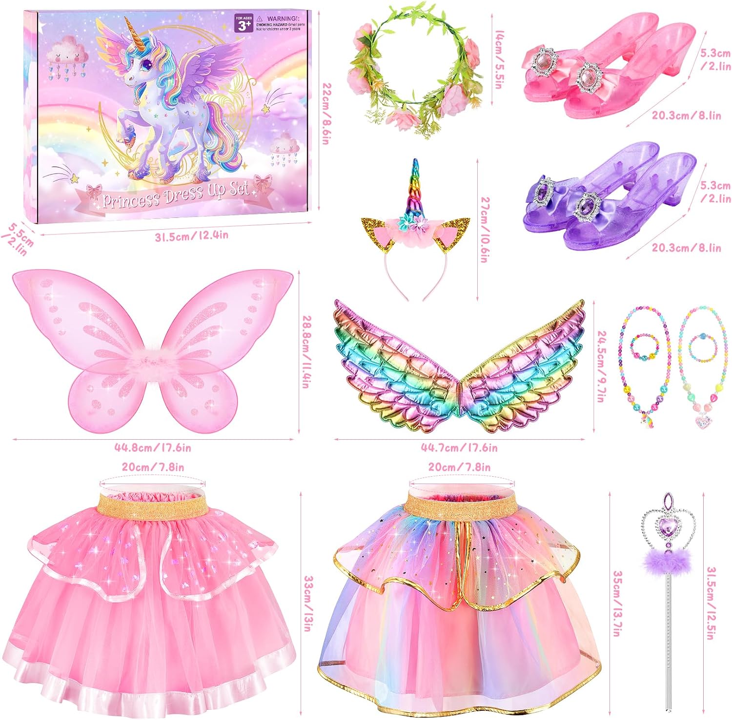 Chillife Princess Dress Up Fairy & Unicorn Costume for Girls 4-6, Toddler Dress with Tutu, Wings, Shoes, Jewelry, Headband Fairy Unicorn Toys for Girls Christmas Halloween Birthday Gift Toys