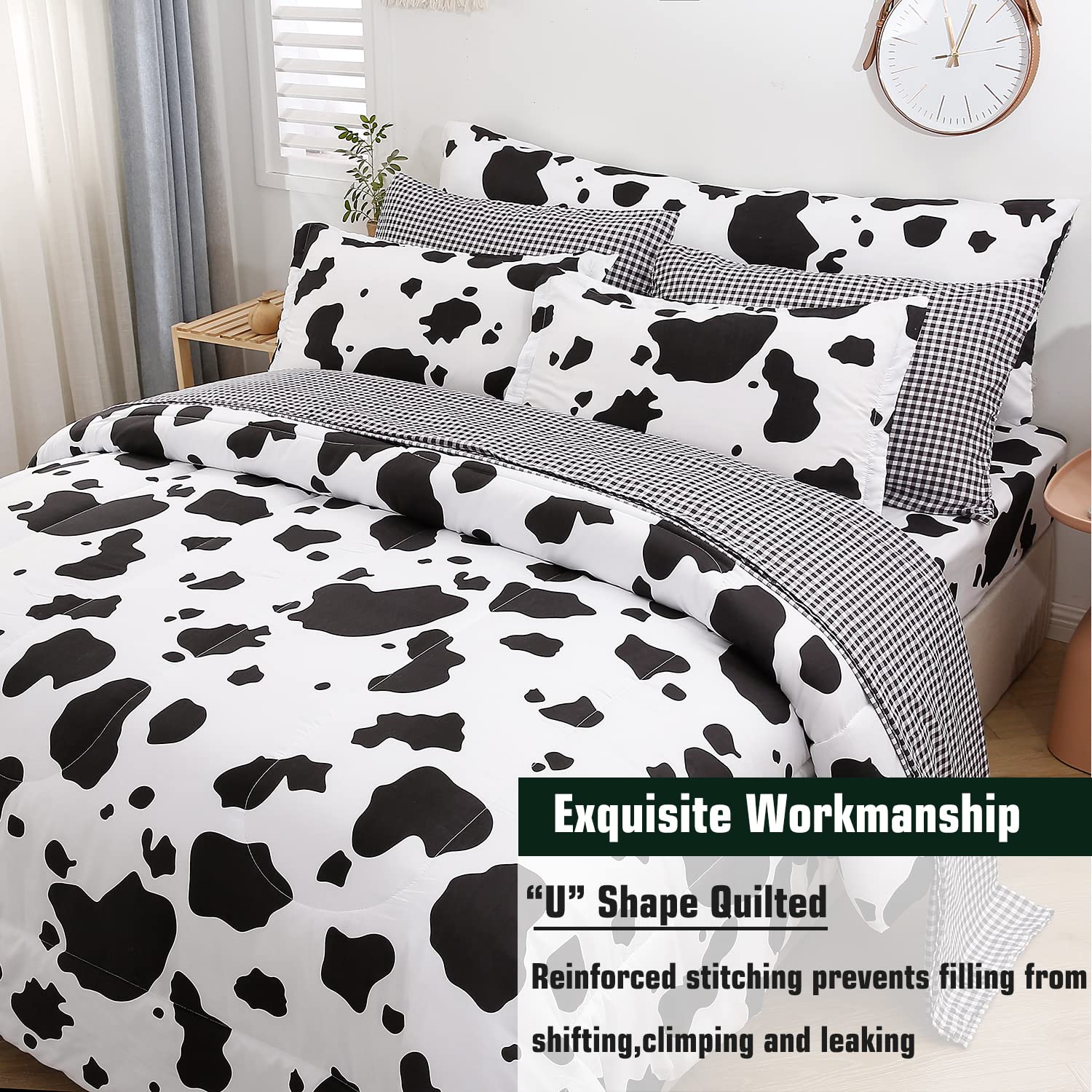 SUCSES Full Size Comforter Set with Sheets 8 Piece Cow Print Bedding Set for Boys Girls Black and White Kids Bed-in-A-Bag Farmhouse Rustic Bed Set for Bedroom (Milk Cow, Full)